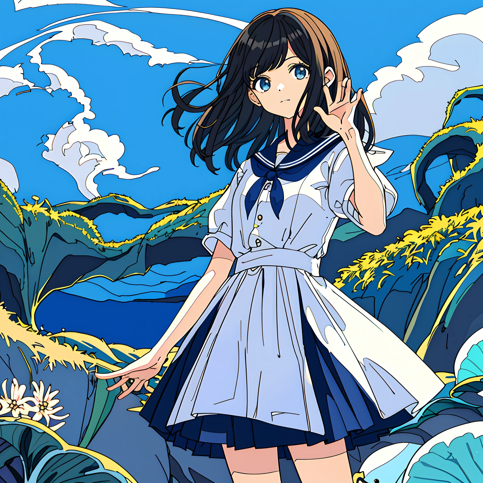 obra-prima, detalhe intrincado, melhor qualidade, blue sky background, 1girl, jovem, de idade, sozinho, standing on her feet, corpo inteiro, roupas da Alemanha, Girl holding watch with 2 hands, virada de lado, olhando para o lado, amazed expression, surpreendida, susto, boca aberta, medium hair, cabelo preto, cabelo liso, olho azul, mangas longas, watch, Girl holding German watch,