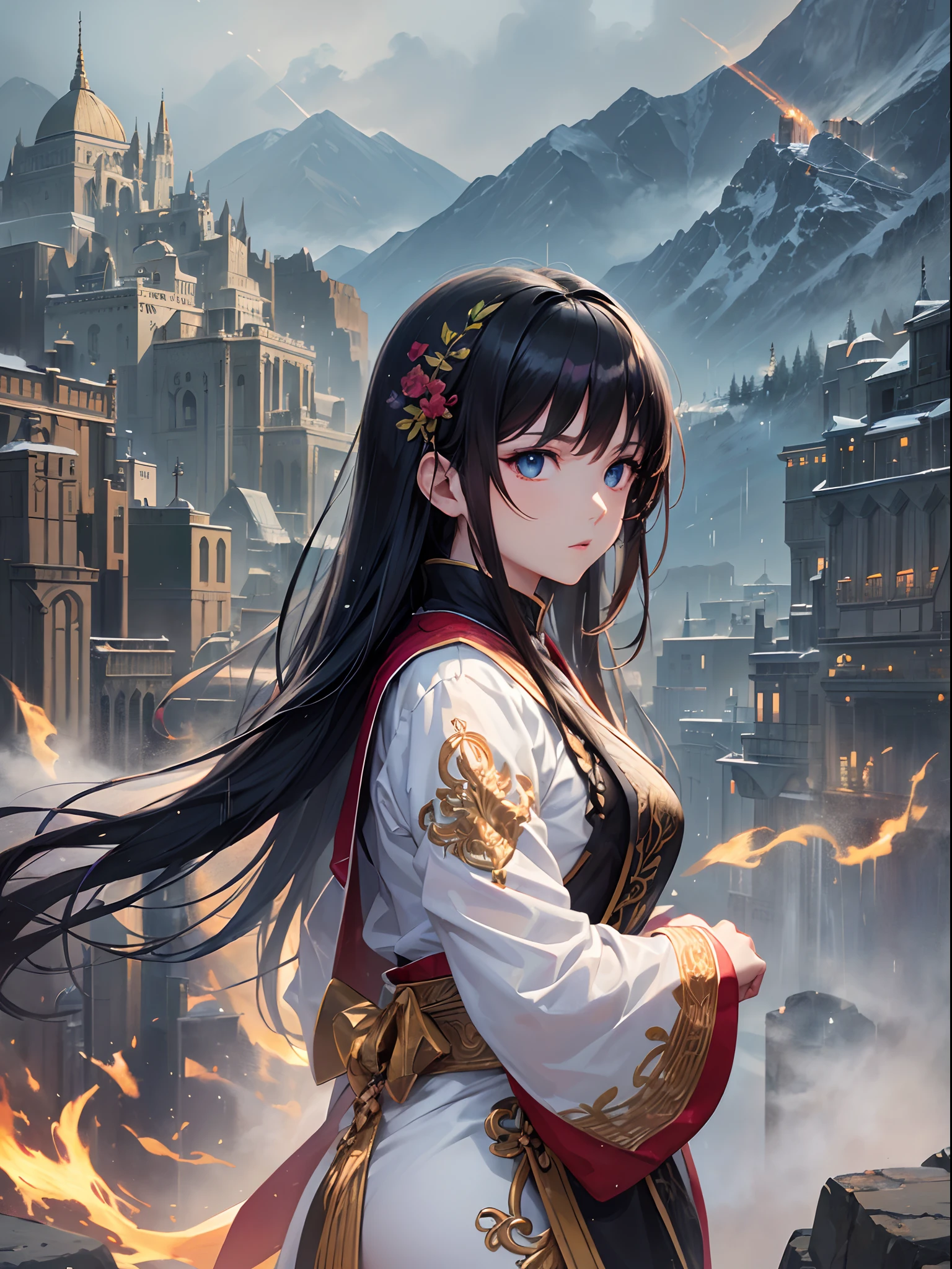 ((Finest quality)),(超A high resolution),(ultra-detailliert),((Best Anime)),sharpnes,Clair,Fantasy art with astounding depictions, In heavy rain:1.5, (1womanl),(Long jet-black hair),(Beautiful embroidered hu clothes),banya:1.2, mountainous