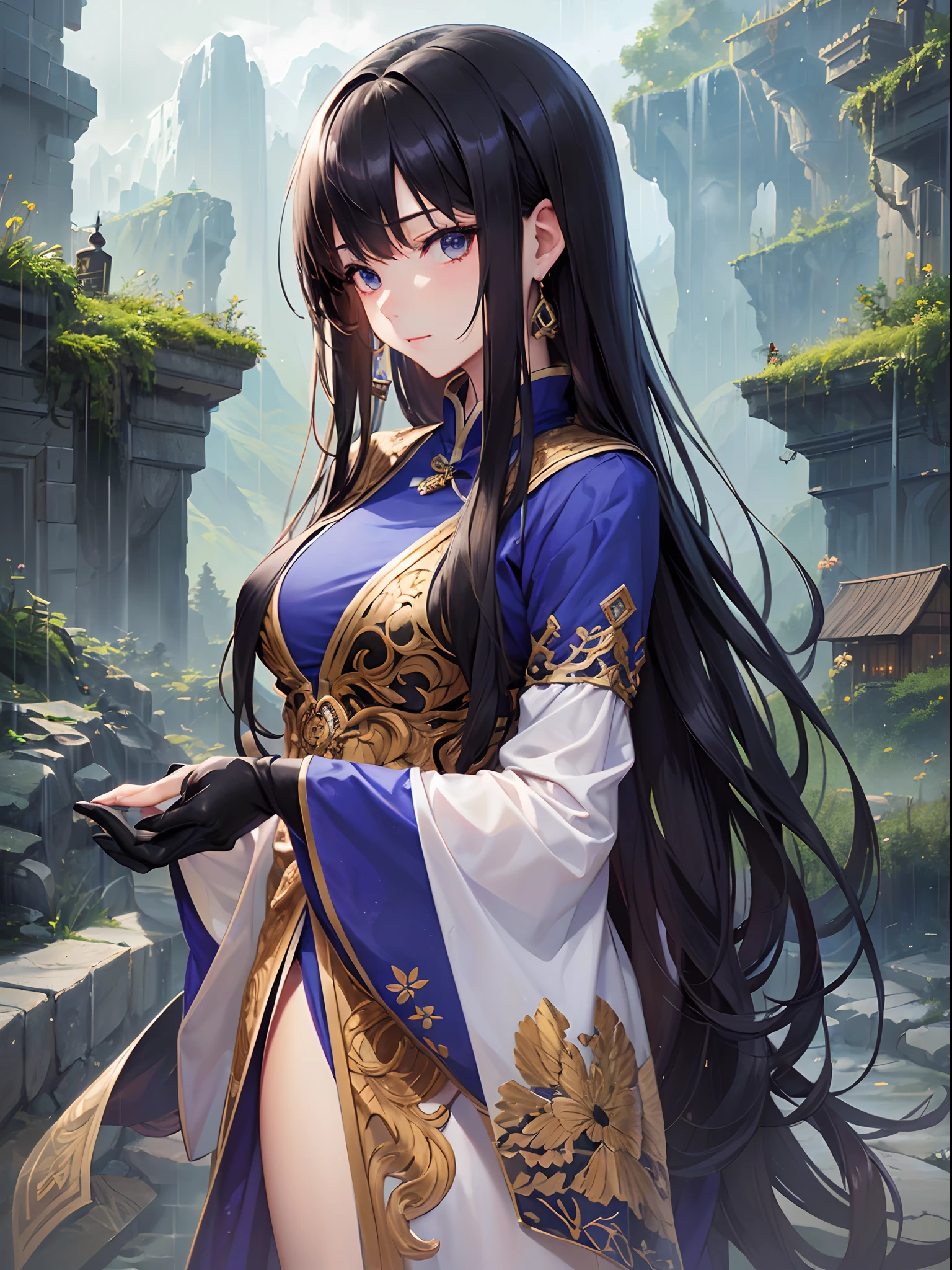 ((Finest quality)),(超A high resolution),(ultra-detailliert),((Best Anime)),sharpnes,Clair,Fantasy art with astounding depictions, In heavy rain:1.5, (1womanl),(Long jet-black hair),(Beautiful embroidered hu clothes),banya:1.2, mountainous