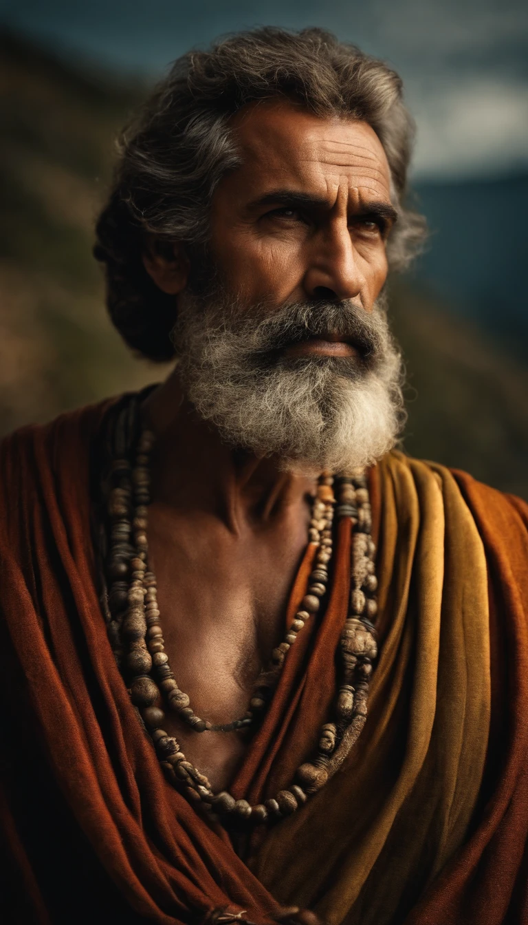 "Half-body photo of a wise and imposing man, de 40 anos, magro, barbudo e com cabelos grisalhos, with a serious expression and an air of experience. highes definition. Inspiration of ancient Greek man."