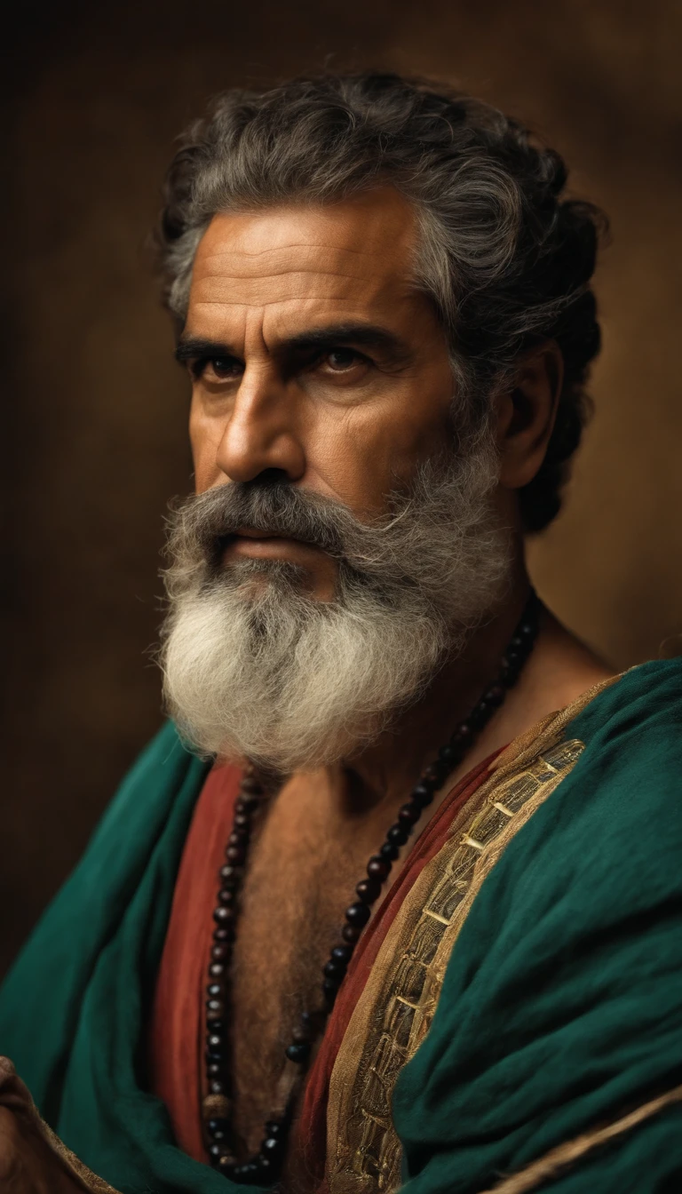 "Half-body photo of a wise and imposing man, de 40 anos, magro, barbudo e com cabelos grisalhos, with a serious expression and an air of experience. highes definition. Inspiration of ancient Greek man."