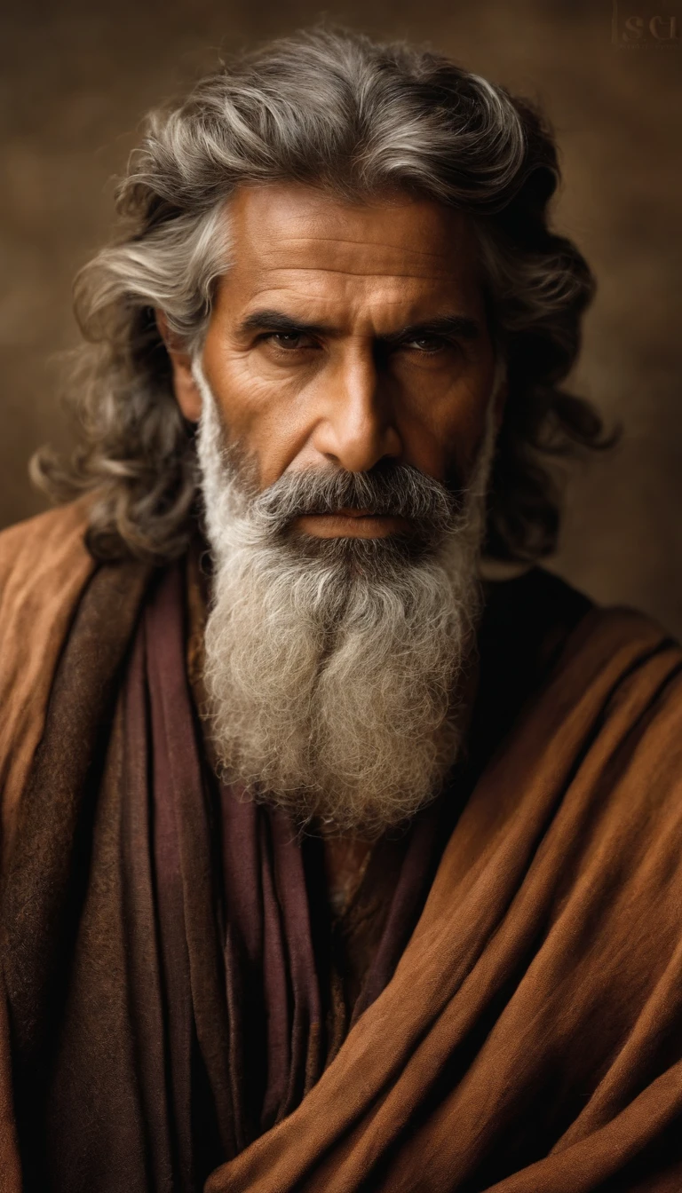 "Half-body photo of a wise and imposing man, de 40 anos, magro, barbudo e com cabelos grisalhos, with a serious expression and an air of experience. highes definition. Inspiration of ancient Greek man."