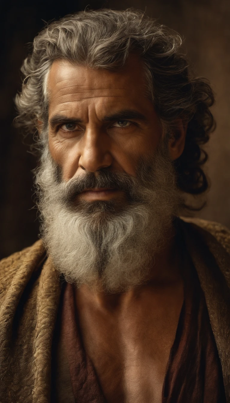 "Half-body photo of a wise and imposing man, de 40 anos, magro, barbudo e com cabelos grisalhos, with a serious expression and an air of experience. highes definition. Inspiration of ancient Greek man."