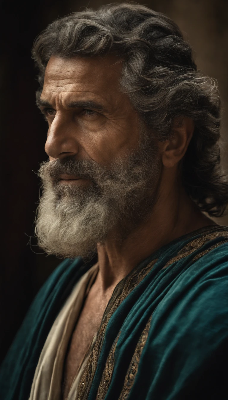 "Half-body photo of a wise and imposing man, de 40 anos, magro, barbudo e com cabelos grisalhos, with a serious expression and an air of experience. highes definition. Inspiration of ancient Greek man."