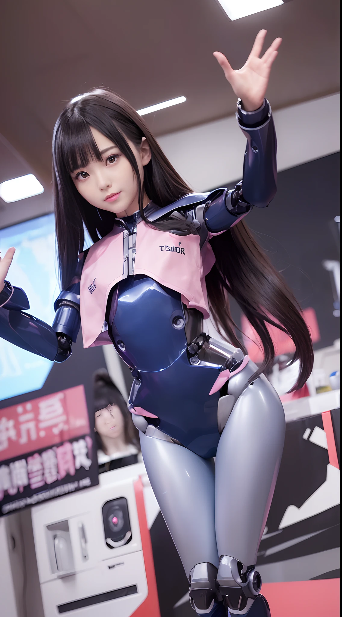 masterpiece, best quality, Very detailed, (8k, 4K, best quality, high resolution, 超high resolution:1.1), 8k portrait,1 girl in, Japanese Android girl, Android teacher, control Panel, Android, robot, Manipulator, ,robot手臂和腿, black hair, Mechanical body, blunt bangs, 粉色robot零件, 完美的robot女人, charging point, long tube, A thick cable is attached to her neck, ceramic body , Android, doll, , Full eyes, perfect mechanical body, Pink bodyesbian, The assembly plant of the future, pink body, she has fixed it, Lack of sponge joints, Android assembly plant, Android, laboratory, Platform boots, Perfect body, Pink bodyesbian