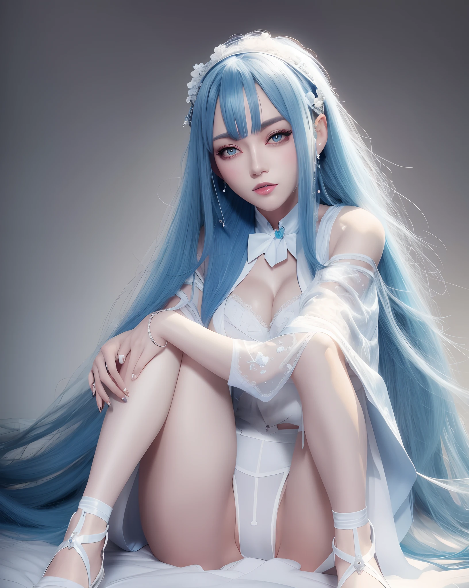 araffe with blue hair and white lingersuit sitting on a bed, artwork in the style of guweiz, trending on cgstation, guweiz, guweiz masterpiece, 3 d render character art 8 k, guweiz on artstation pixiv, anime girl cosplay, guweiz on pixiv artstation
