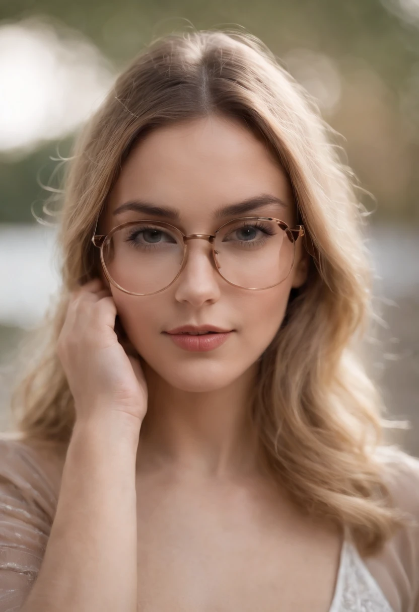 model, fashion outfit, total body, spring flower, blonde hair, ponytail, light smile, UHD, textured skin, eyeglasses