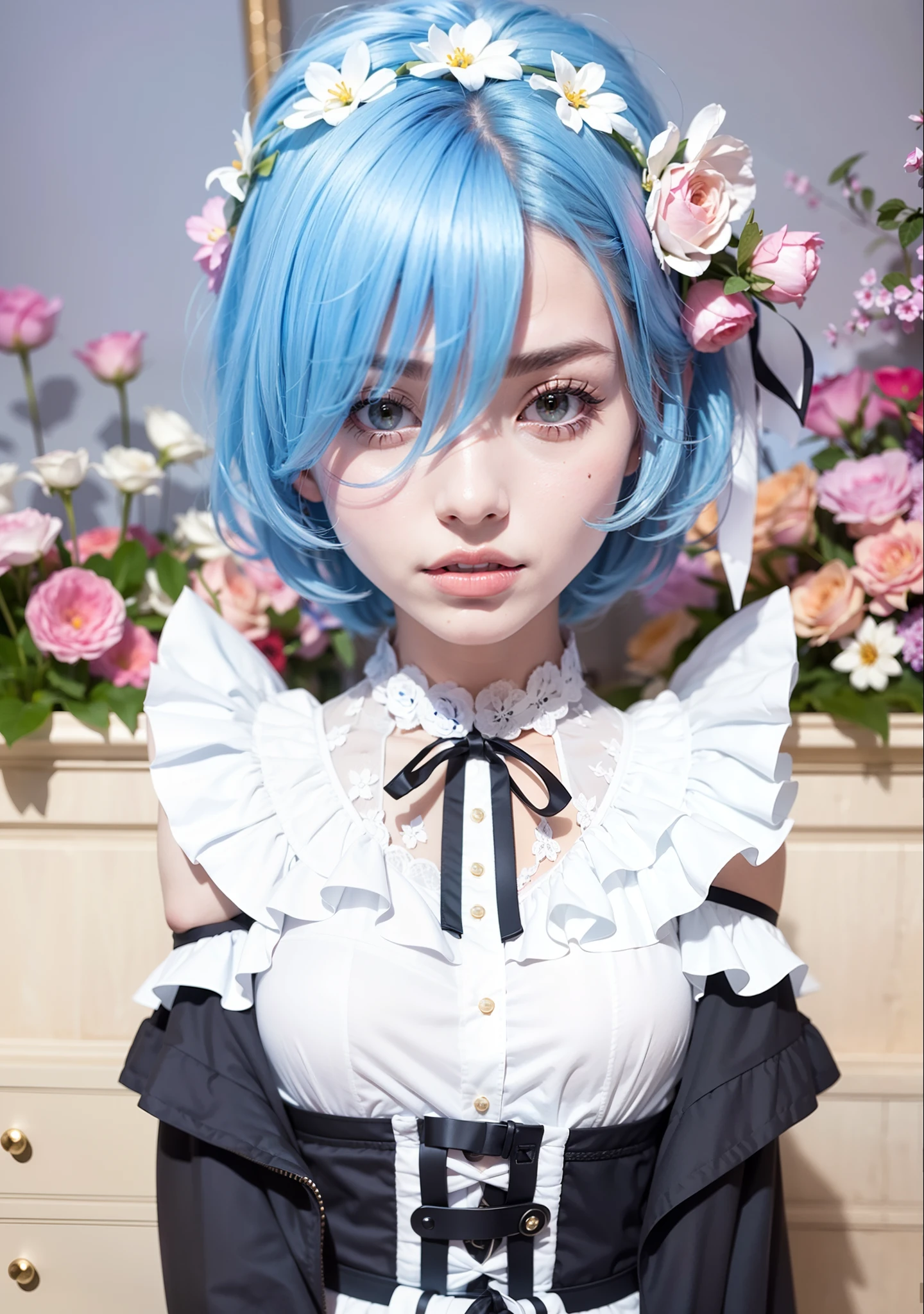 r_Big breasts and big breasts_m, 1girll,(Beautiful face:1.25),((Above the shoulder,facial closeups)),(Short blue hair, Blue eyes, hair on one eye), hair adornments, pink hairband, (rem's maid uniform), (Detached sleeves), (Realistic:1.7),((Best quality)),absurderes,(超高分辨率),(Photorealistic:1.6),Photorealistic,rendering by octane,(Hyperrealistic:1.2), (photo-realistic face:1.2), (8K), (4K), (Masterpiece),(Realistic skin texture), (illustration, Cinematic lighting,the wallpaper),( Beautiful eyes:1.2),((((Perfect face)))),(Cute),(standing),((view the viewer)),(Dynamic pose:1.3), Upper body, standing,Indoors, Living room, sofe, gauges, window