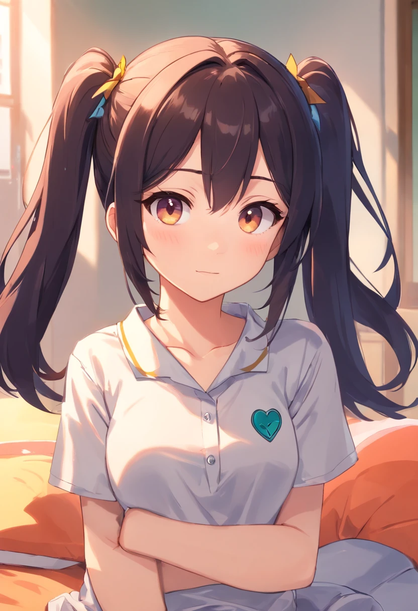 camisa branca de manga comprida、olhos roxos brilhantes，[Menina fofa s:1.5]、orelhas de gato，Tocar、[A shy look:1.5]，camisa branca aberta，Uma loli fofa，Look at your head，Olhos bonitos，，Rostos fofos em anime，longos cabelos grisalhos,[Spoiled children],Ahog ficou fascinado,Olhos bonitos、adolable，Meias brancas，heart - pupils in the form of，sozinho，female high-school student，sozinho，cabelos roxos e longos，Two ponytails on the head，Deite-se de costas，is shy，up hands，em cima da cama，JK，micro saia preta，Espalhe as pernas para revelar calcinhas brancas，head to toe