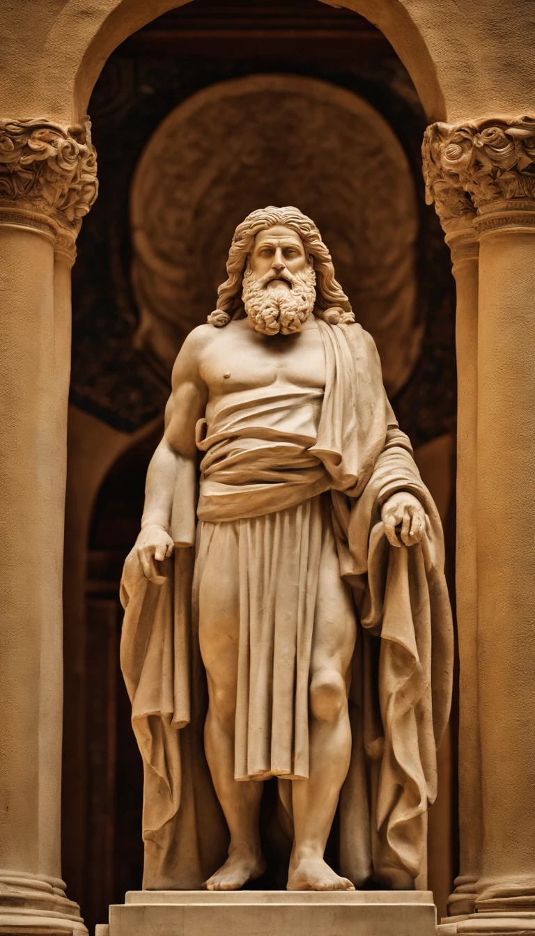 "Full body statue of a wise and imposing man, de 40 anos, magro, barbudo e com cabelos grisalhos, with a serious expression and an air of experience. highes definition. Inspiration of ancient Greek man."