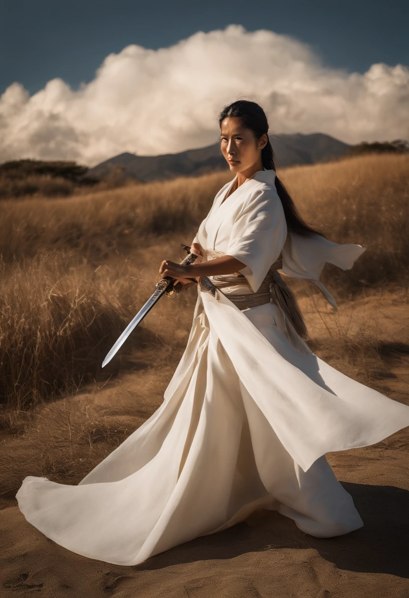 Miyamoto Musashi holds a sword in one hand and an old scroll with its 21 precepts in the other. He's standing, cercado por uma paisagem montanhosa, with the wind blowing gently through her hair and clothes. A espada brilha com um brilho intenso, refletindo os raios do sol que perfuram as nuvens. The ancient scroll is worn out by time, but the words of Musashi's precepts remain legible. The sunlight casts dramatic shadows over him, destacando sua postura imponente e determinada. A cena irradia uma aura de sabedoria e poder. Foto tirada por Akira Tanaka com uma Nikon Z7 e uma lente de telefoto, capturando a magia da luz natural e a majestade do momento. 8K, Ultra-HD, Super-Resolution. --v 5 --q 2
