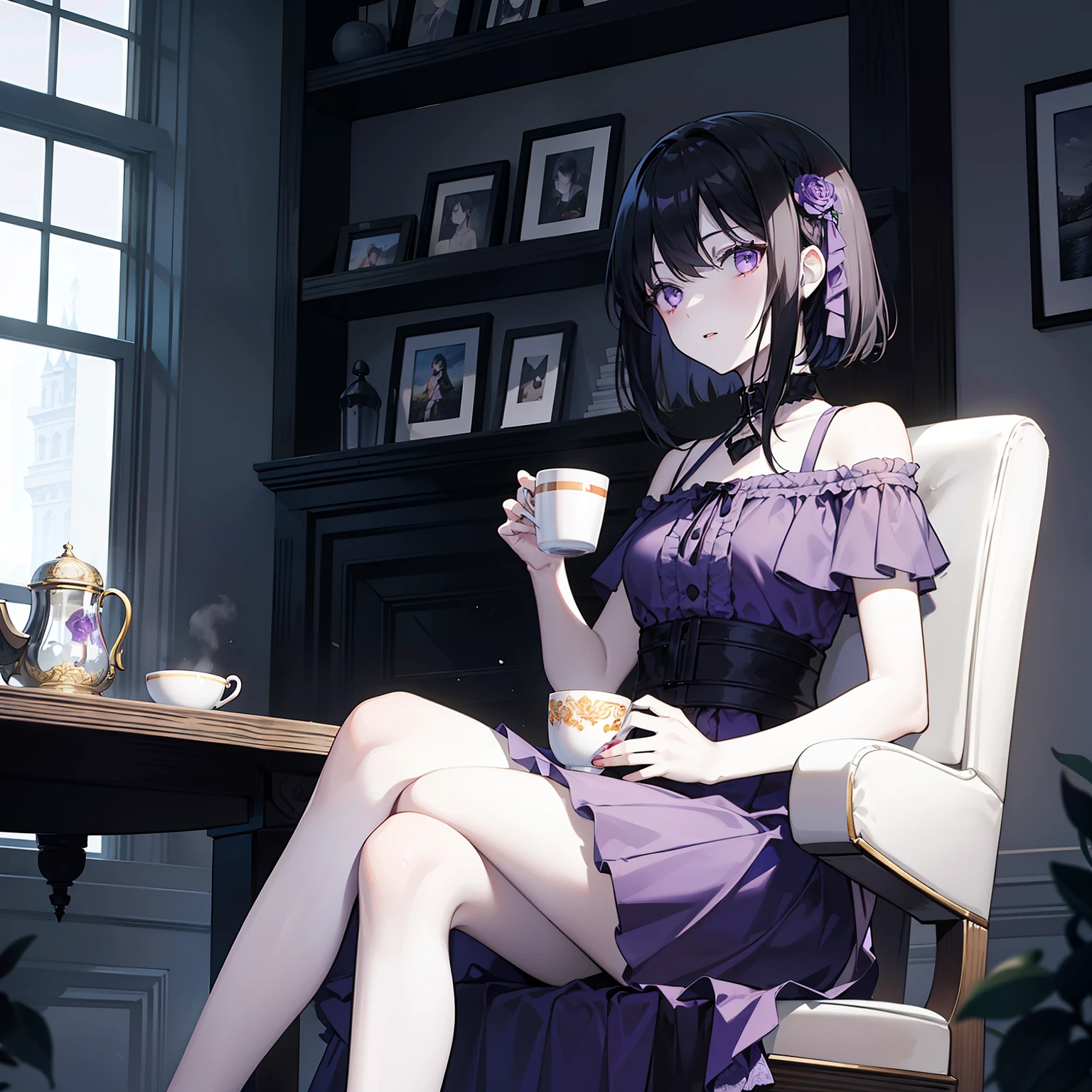 A girl with shoulder length straight black hair, purple eyes, wearing a light dress, sitting in a chair holding a cup of tea, Russian, pale skin