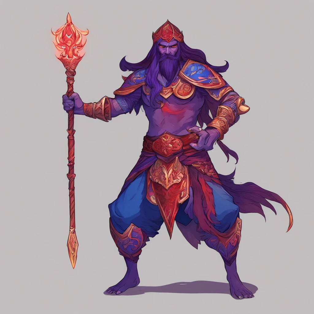 Djinn, Deep rich blue-purple, red armor with glowing red-white lines, red claws and face claws, light-brown bone spurs, glowing white-red eyes, masterpiece, best quality