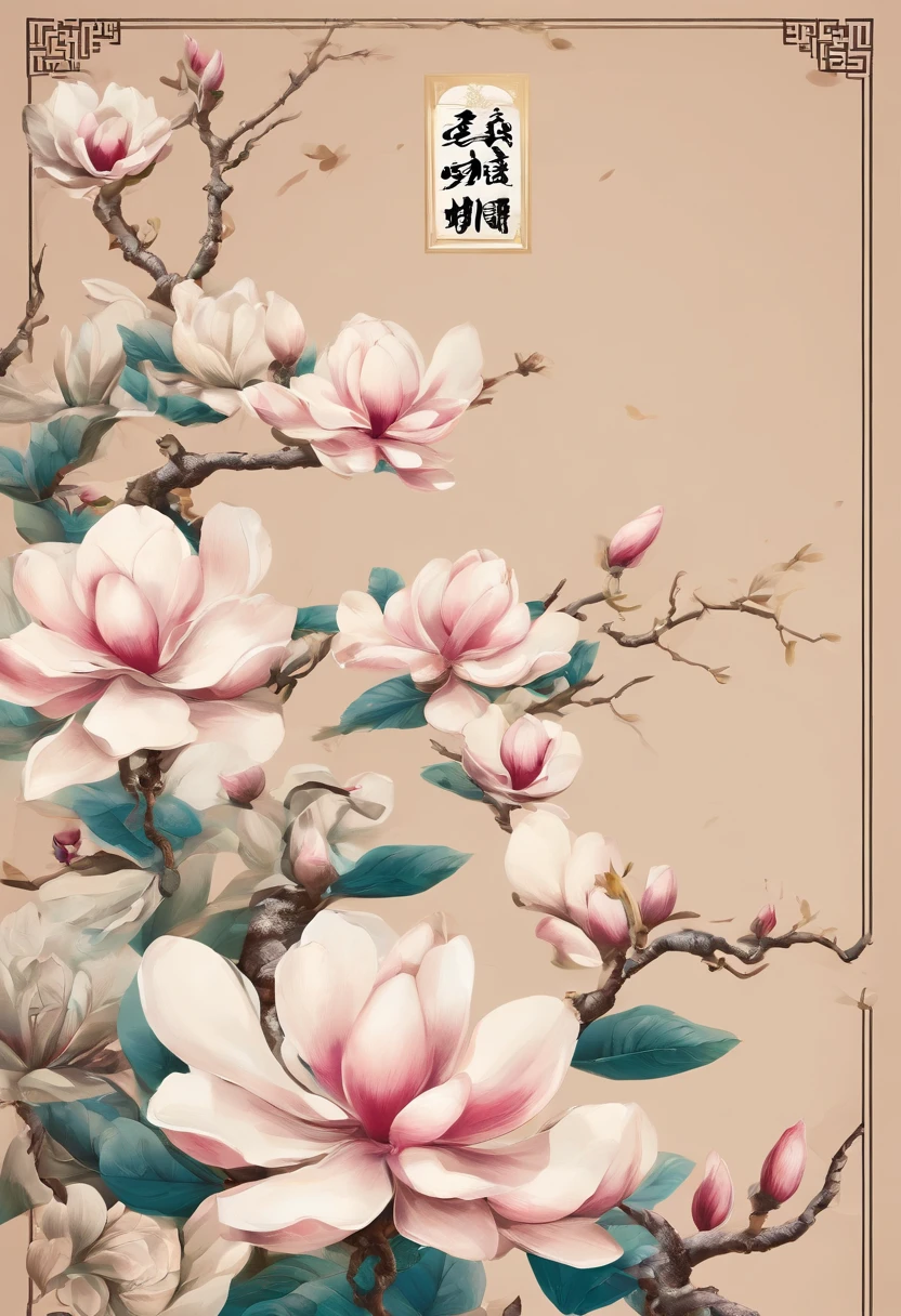 equinoccio,Traditional Chinese solar terms,(((Flores de magnolia))),Estilo nacional,Viento de tinta,solid color background,tiene escote(((golondrinas)))Vuela en el cielo,Vista horizontal,No te dejes caracterizar,No te dejes caracterizar,No compilar