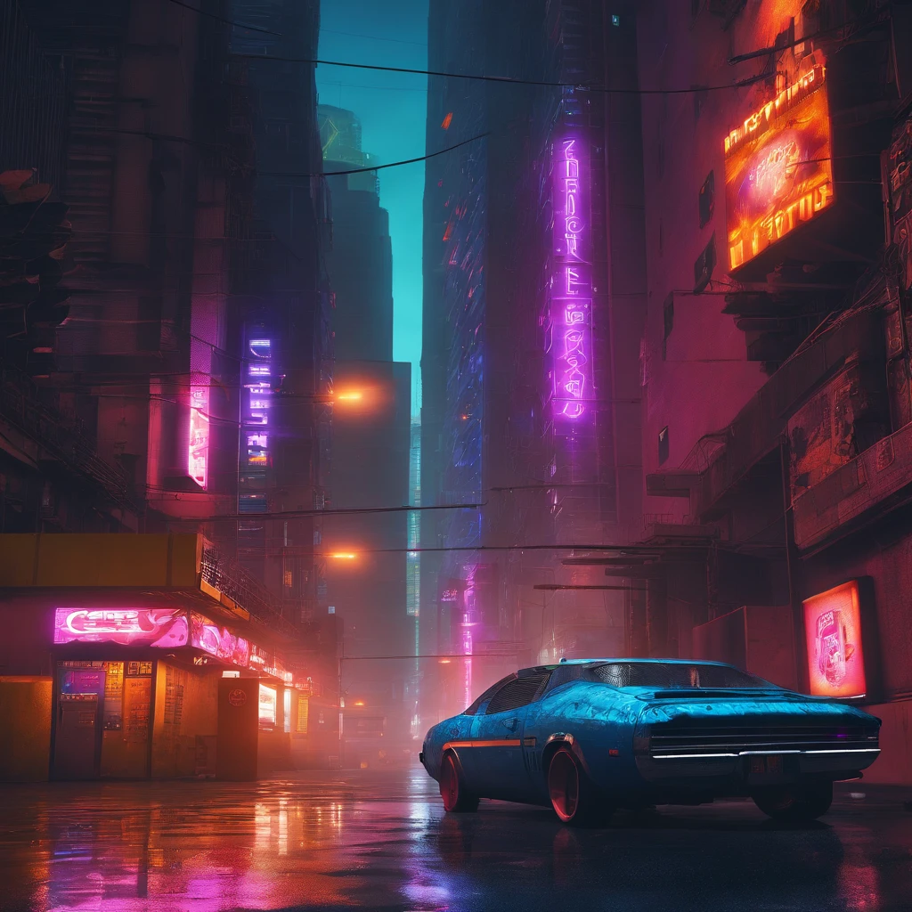Car Colored Muscle, Grey dystopian city, soprando cores para fora de seu tubo de escape, Return color to the city, illustration, ultra-detalhado, Realistic, cores vibrantes, studio lighting, paisagem urbana, alta resolução, HDR, dynamic lighting, smoke billowing, smog, abandoned buildings, grafity, Cyberpunk aesthetics, neon lights, Tecnologia futurista, ruas encharcadas pela chuva, Sombras, reflection, velocidade, motion blur, intensidade, urban decay, steel, concreto, asfalto, darkeness, Contraste, heat mist, Glossy surfaces