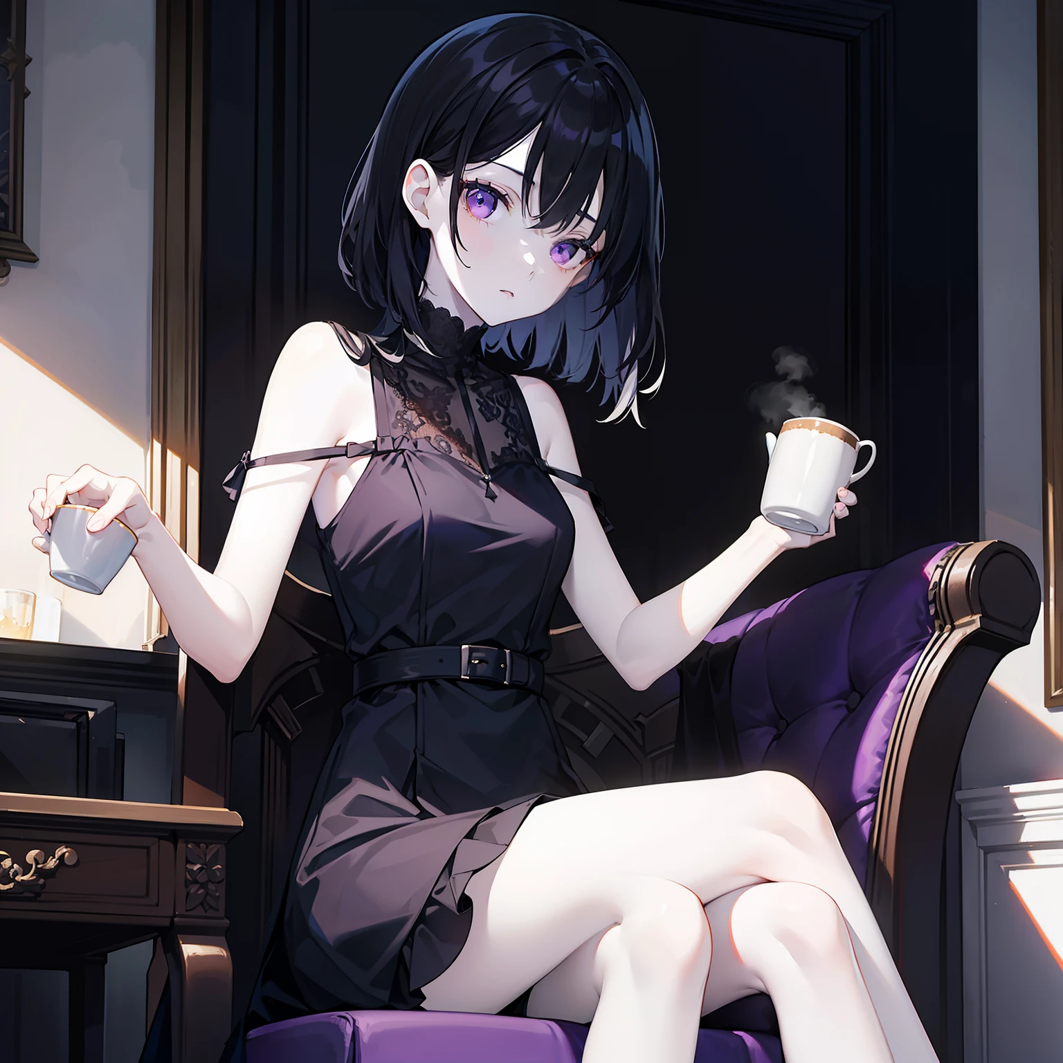 A girl with shoulder length straight black hair, purple eyes, wearing a light dress, sitting in a chair holding a cup of tea, Russian, pale skin