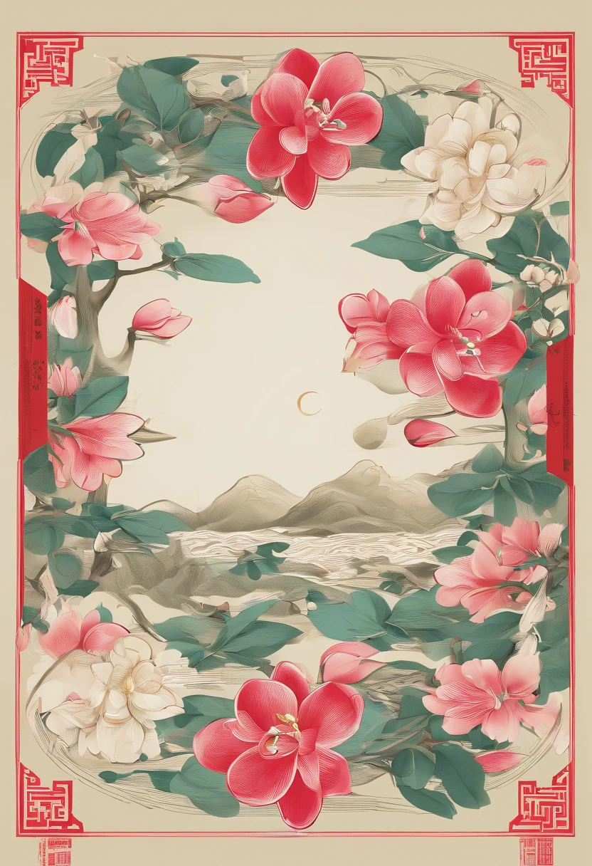 equinoccio,Traditional Chinese solar terms,(((Flores de magnolia))),Estilo nacional,Viento de tinta,solid color background,tiene escote(((golondrinas)))Vuela en el cielo,Vista horizontal,No te dejes caracterizar,No te dejes caracterizar,No compilar