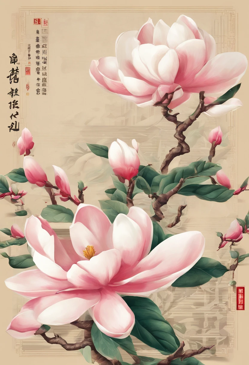 equinoccio，Traditional Chinese solar terms，(((Flores de magnolia)))，Estilo nacional，Viento de tinta，solid color background，tiene escote(((golondrinas)))Vuela en el cielo，Vista horizontal，No te dejes caracterizar，No te dejes caracterizar,No compilar