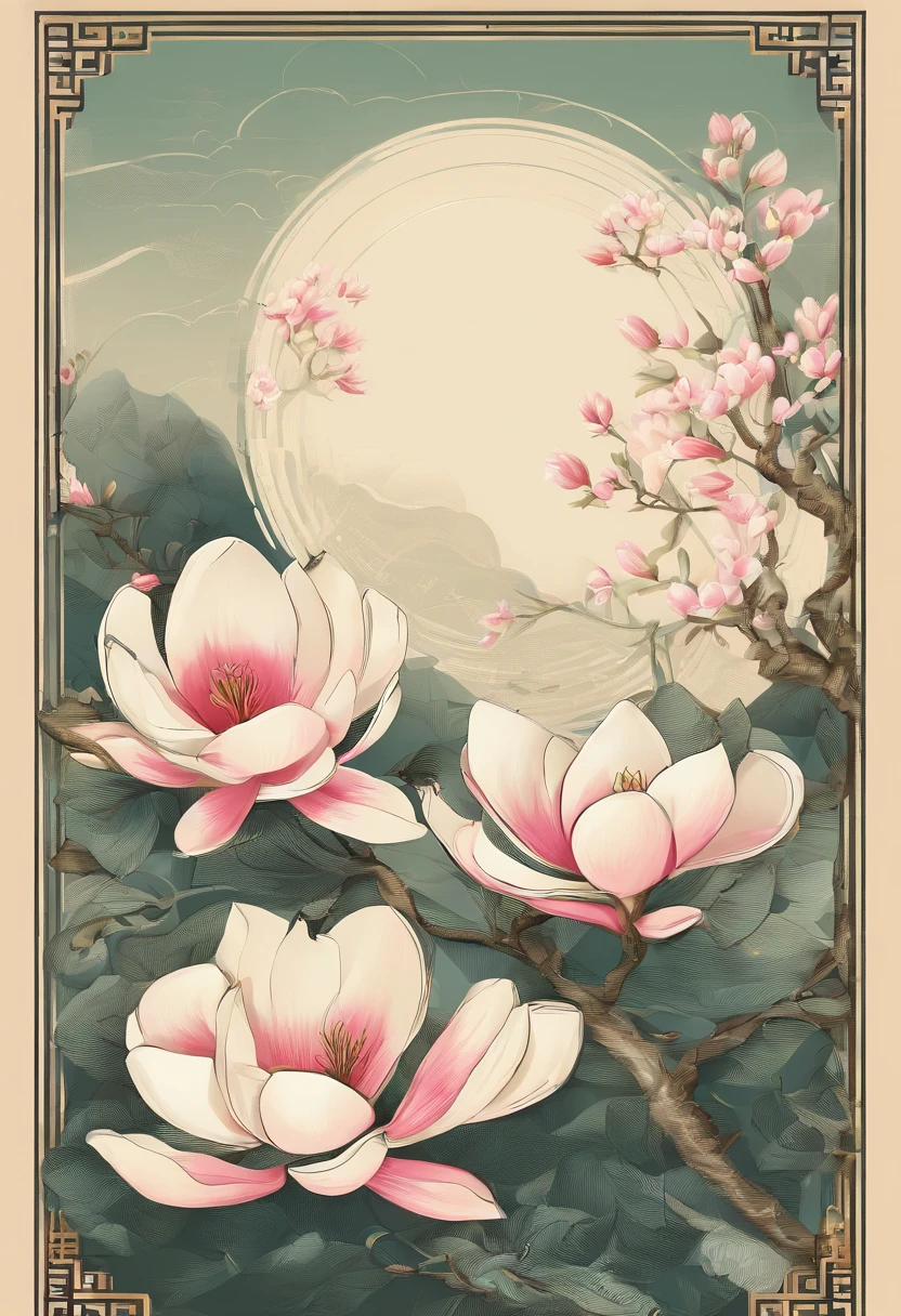 equinoccio,Traditional Chinese solar terms,(((Flores de magnolia))),Estilo nacional,Viento de tinta,solid color background,tiene escote(((golondrinas)))Vuela en el cielo,Vista horizontal,No te dejes caracterizar,No te dejes caracterizar,No compilar
