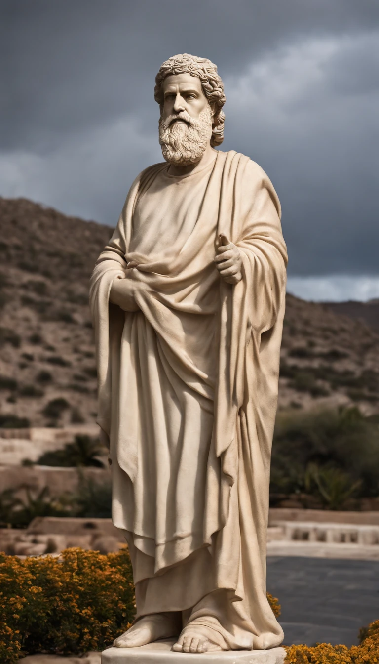 Full body statue of a wise and imposing man, de 40 anos, magro, barbudo e com cabelos grisalhos, with a serious expression and an air of experience. highes definition. Inspiration of ancient Greek man, dentro de uma sala com fundo escuro total.