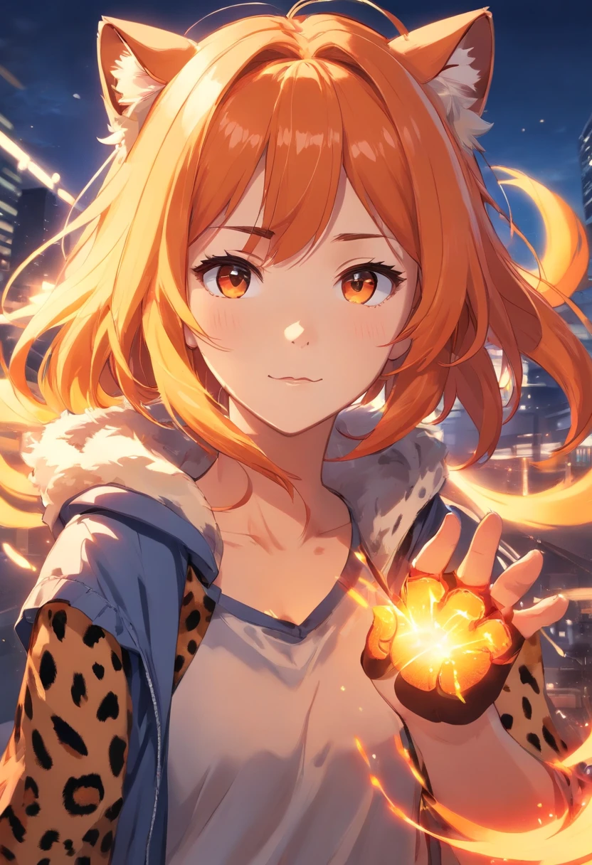 A 32 yr old woman with orange hair and fiery aura,leopard ears, leopard paws, and leopard tail,