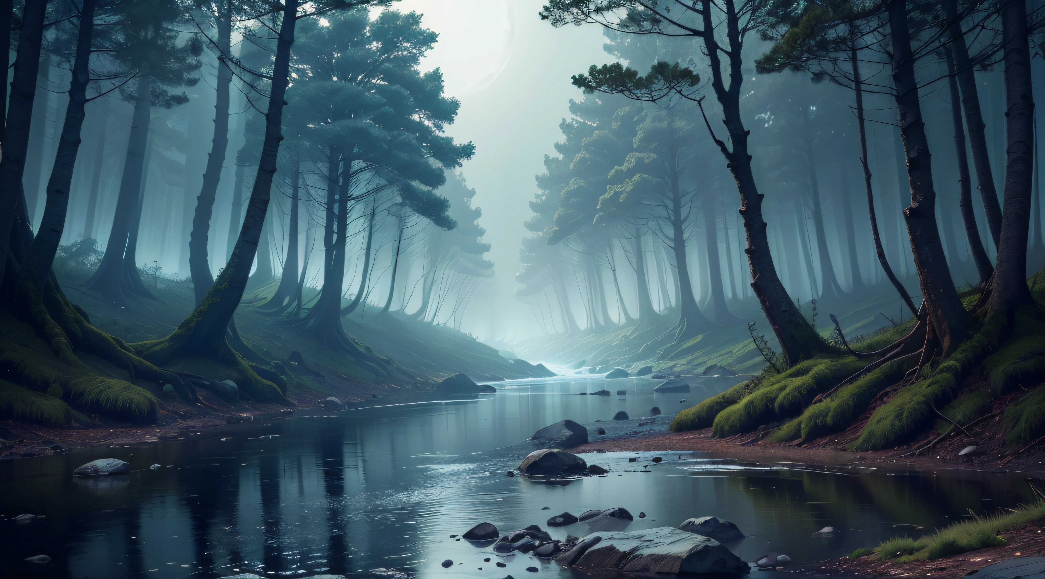a mystic forest with a river on the midle of the night
