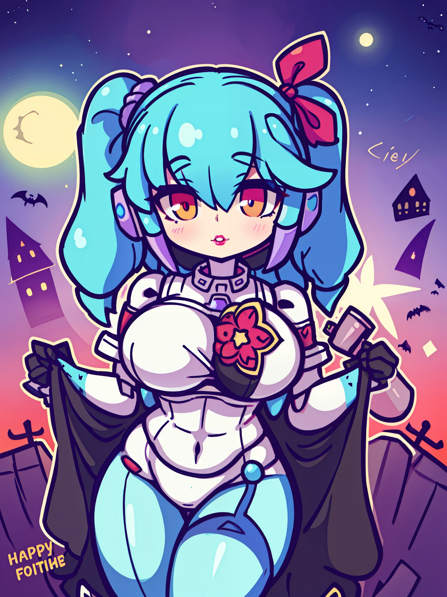 a very cute goth robot with pigtail hair, (gothic mother:1.5), lips, a beautiful anime-inspired gorgeous scenery of a silly sexy mecha robot showing off her love, precious, innocent face, (fully robotic:1.2), galaxy far far away, other dimension, another realm, toonish, cartoon, great design, masterpiece, reimagine a robotic lover in her funniest moment, silliness, very very overly sexy, big boobs, colorful kawaii goth, love and fertility mommy robot, Halloween themed, goddess