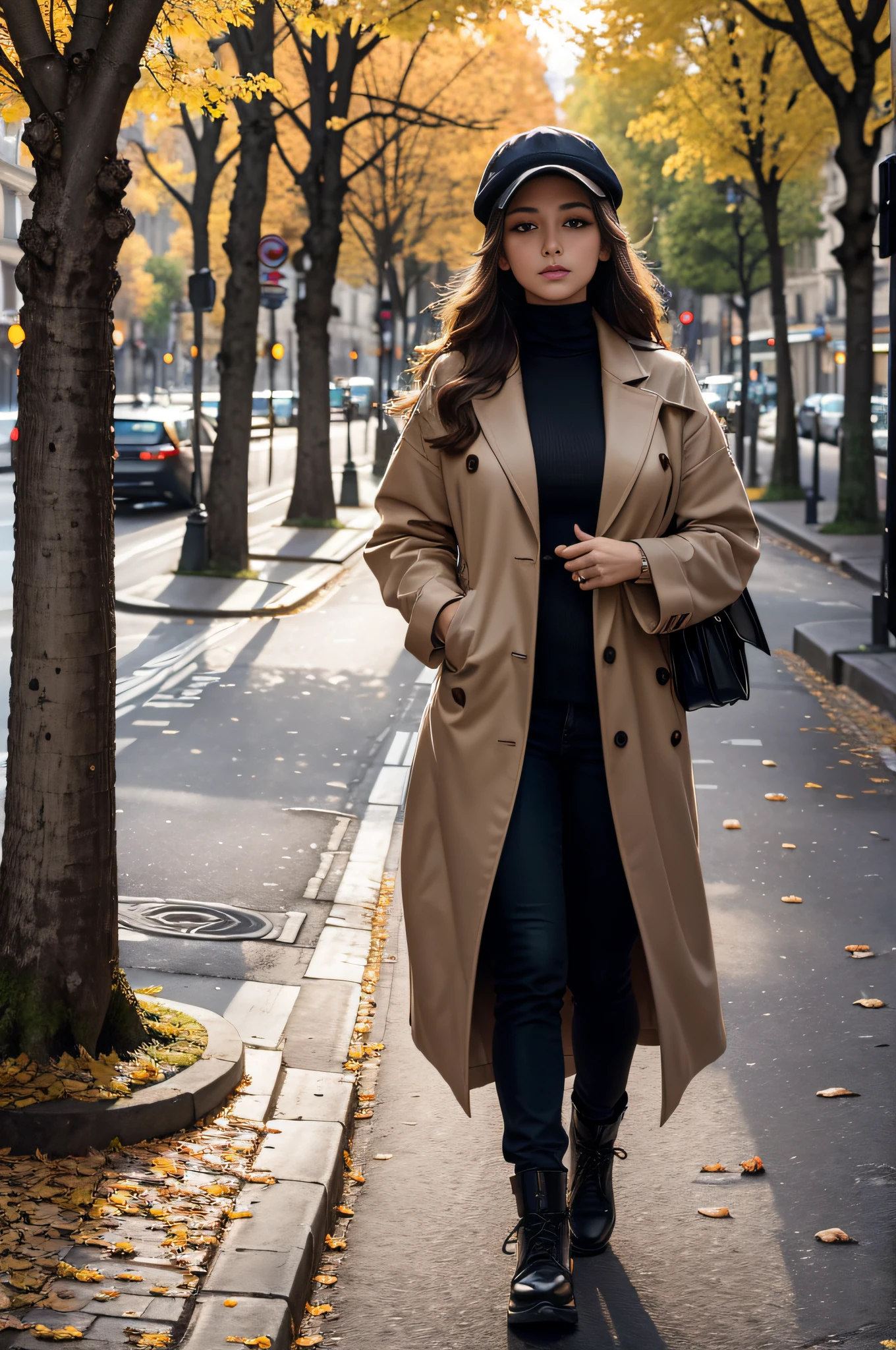 fotografia , master part ,Ultra realista, Hiper realista, hiper detalhe, 8k, Nas ruas movimentadas de Paris, 1 mulher cativante com olhos radiantes e luz dourada , His eyes glow like city lights reflecting a blanket of fallen leaves from trees, Its light hazelnut hue captures the essence of the autumn day. Envolto em roupas de outono, exudes a sense of resilience and determination, their presence illuminating the urban landscape decorated by these trees with their yellowish foliage.