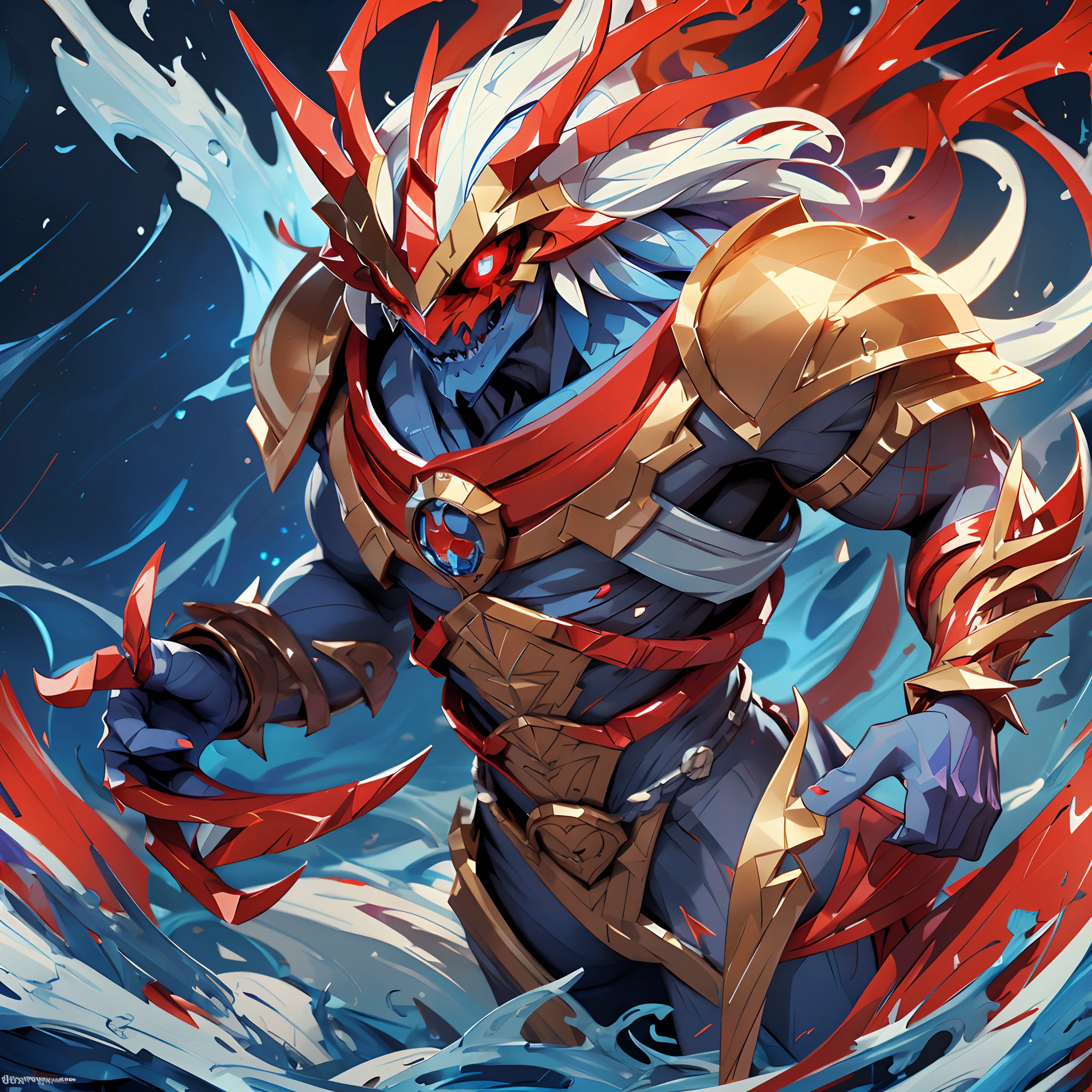 Djinn, Deep rich blue-purple, red armor with glowing red-white lines, red claws and face claws, light-brown bone spurs, glowing white-red eyes, masterpiece, best quality