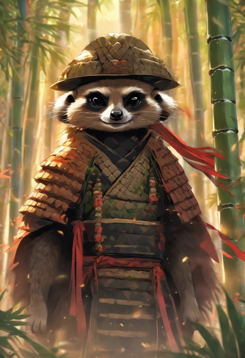 An award winning image of a brave meerkat samurai warrior, wearing highly detailed black samurai armor, wearing a sashimono war flag on his back, in a bamboo forest, highly detailed background, bamboo leaves blowing in the wind, perfect masterpiece, high quality, high resolution