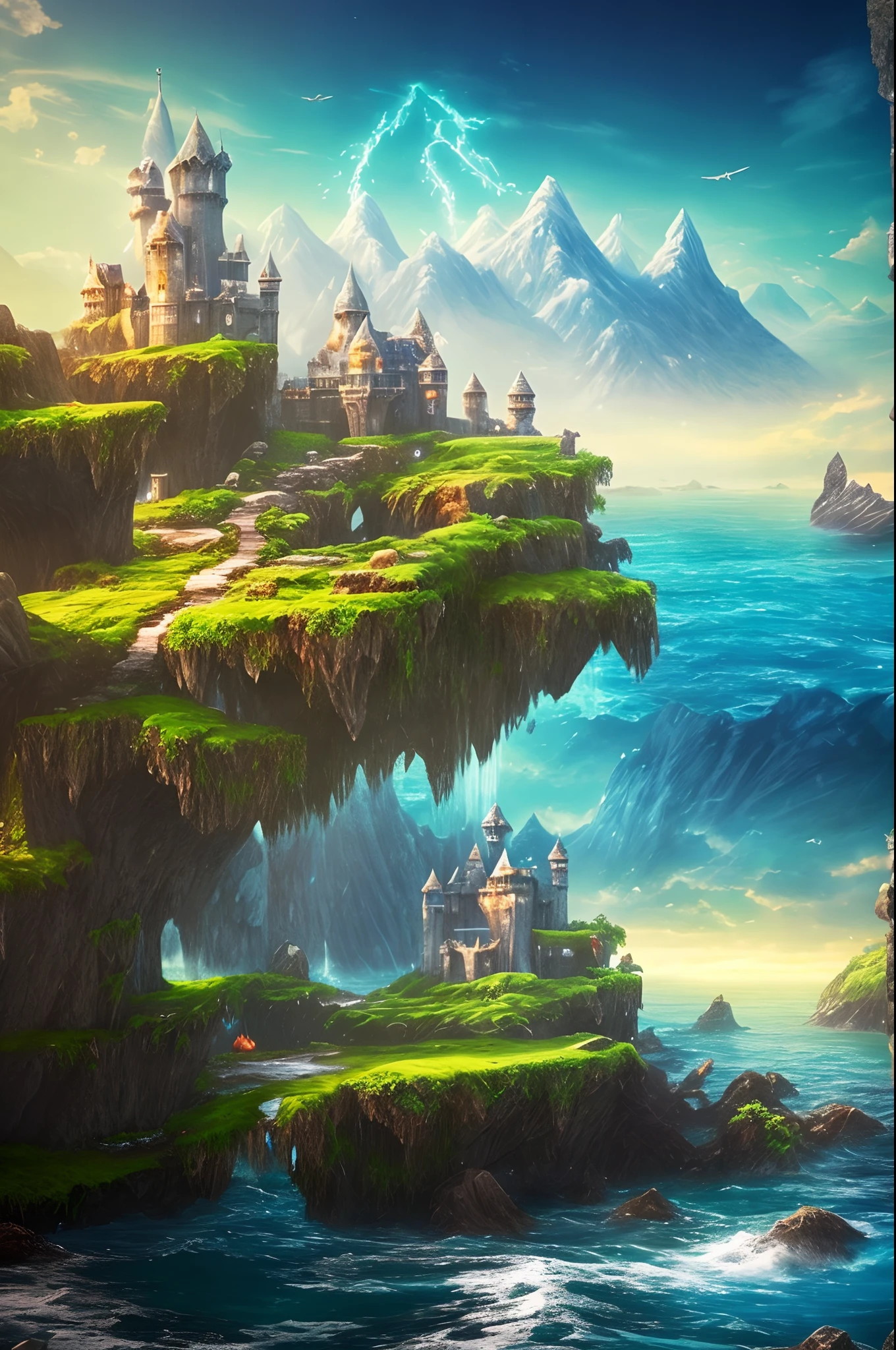 Hay muchas rocas y agua en el agua con un castillo en la parte superior, Stage fantasy, water everwhere fantasy, fantasy 3 d render, Stuning Fantasy 3D render, realistic fantasy render, fantasy render, fantasy matte painting,Lindo, fantasy matte painting, dreamy matte painting, Concepto de mundo de Final Fantasy VLL, fantasy scene, fantasy setting, Fantasy seascape