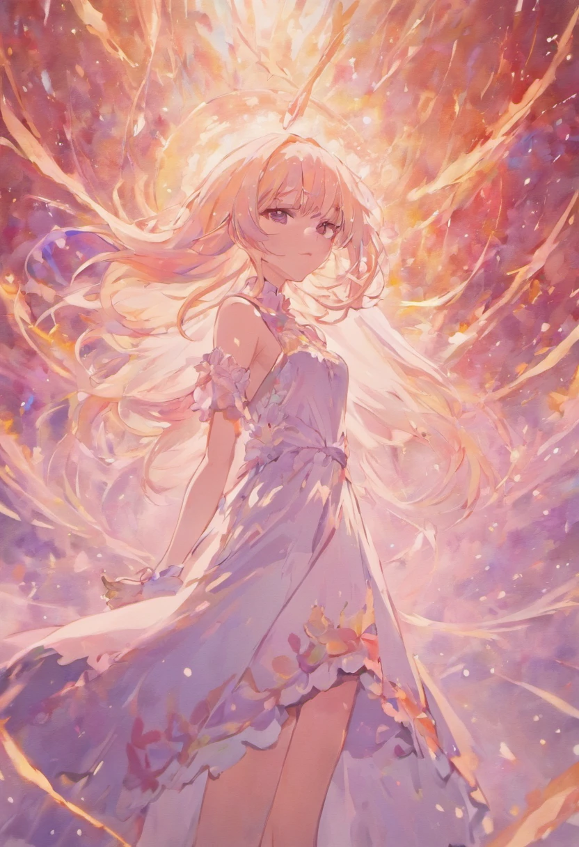 Backgrounid blanc, noblesse, cheveux blanc, yeux rose, longue robe rose, watercolor paitage, Colour digital illustration ,