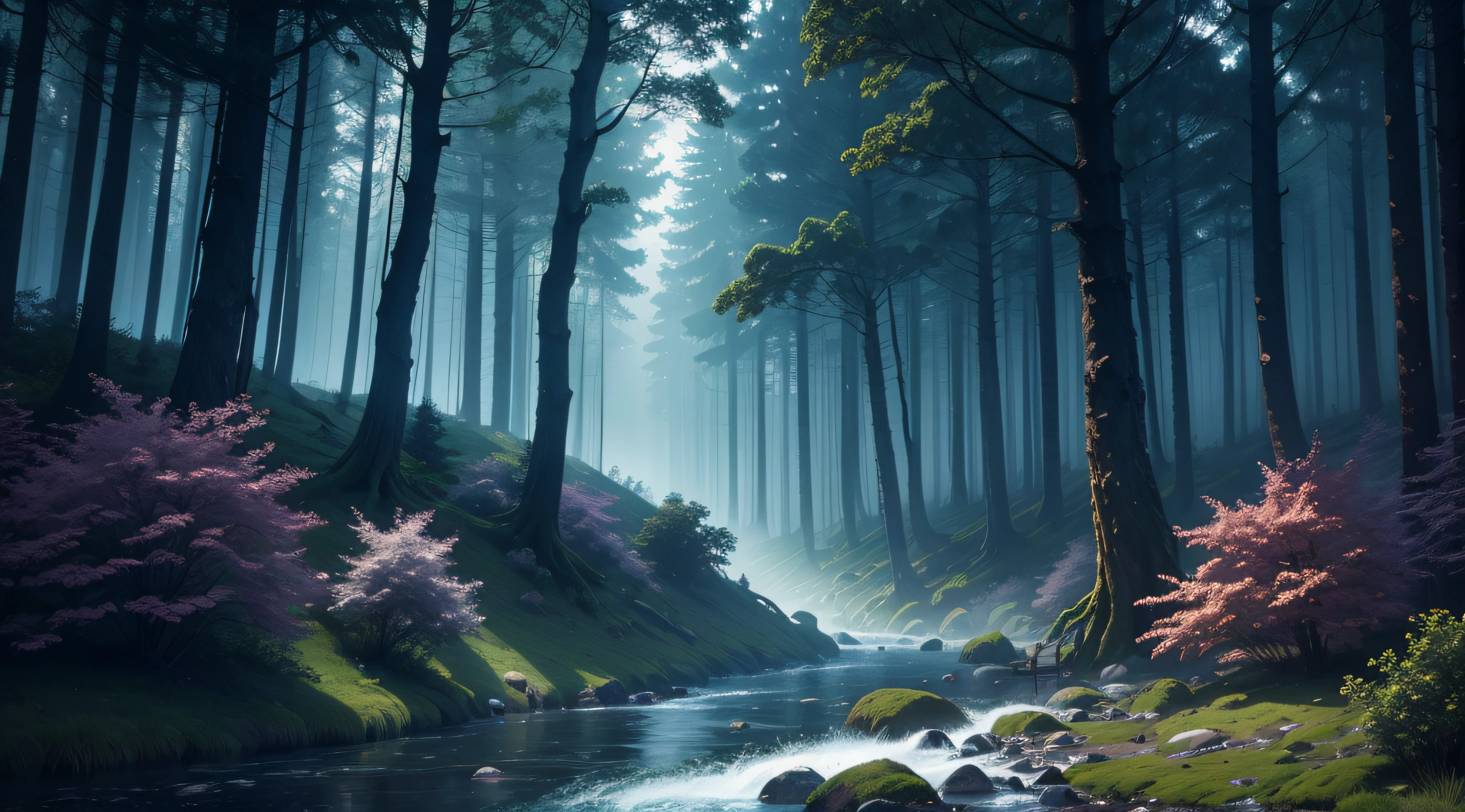 a mystic forest with a river on the midle of the night