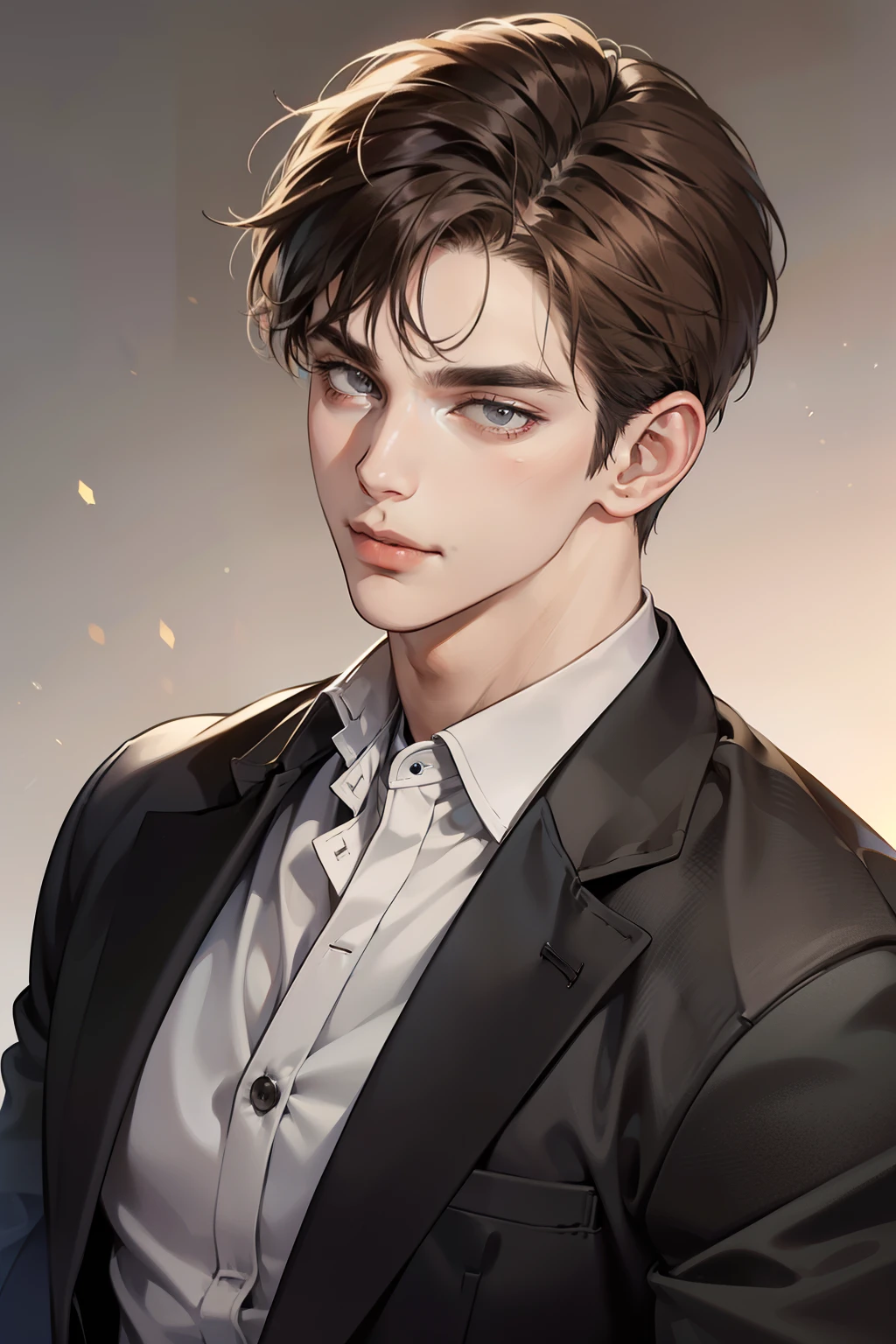 masterpiece, best quality, realistic, 1man, mature male, quiet and charming young man, 25 year old, serious look, closed mouth, portrait, extremely detailed face, cold smile, ((dark grey eyes)), ((short-right-swept dark brown hair)), [thick eyebrows], ((suit)), handsome, upper body, western, Jewish, light brown skin,