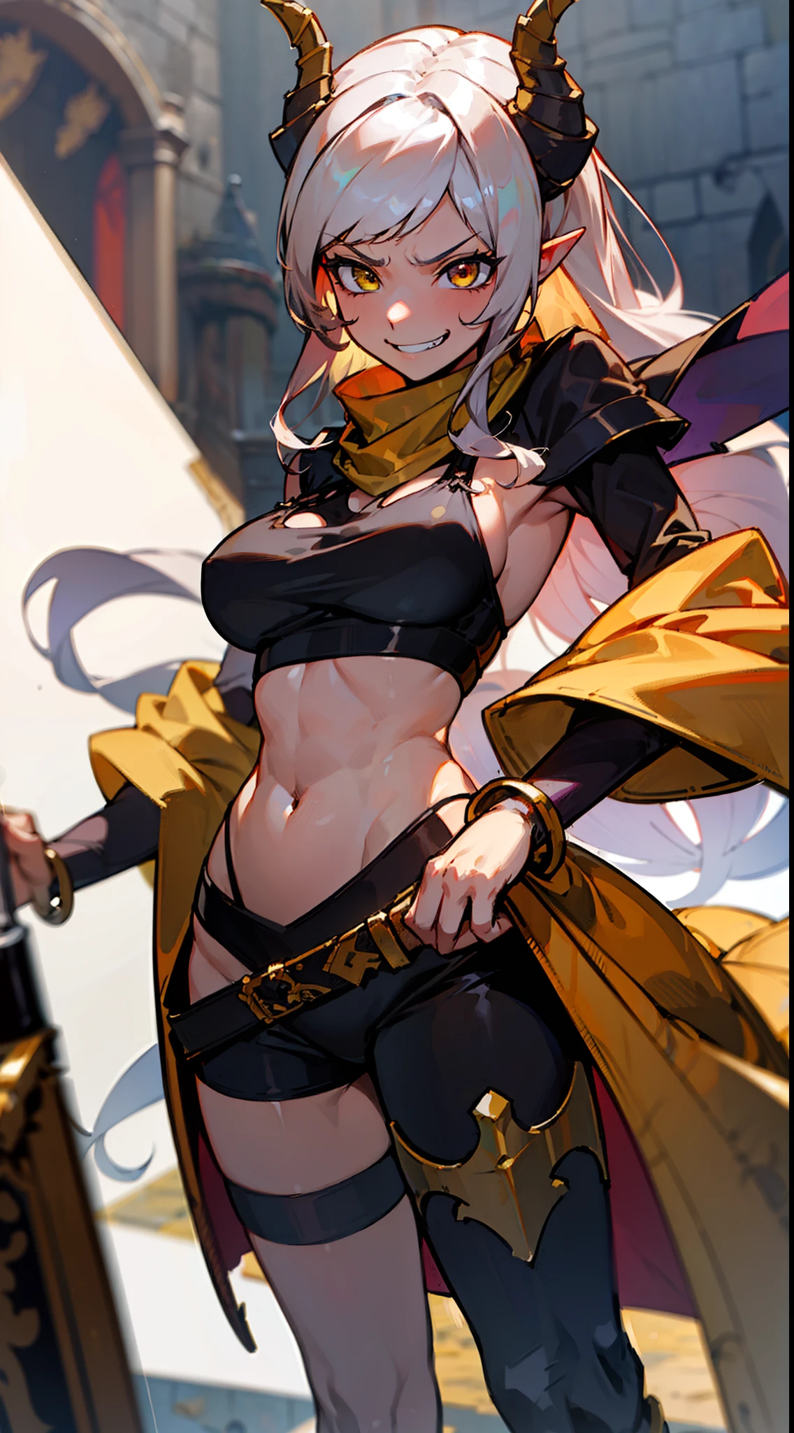 girl,brown skin, hidden arms,long hair, white hair,curly hair,yellow eyes,(((villain,psycho,villain smile, psychopath, angry))), medium boobs,show belly,gold armor outfit, black small shirt,long black stockings, detailed clothes, masterpiece, hyper realistic, high definition,black horns,black pantyhose,elves ears,yellow scarf,close-up,(((standing inside of a castle)))