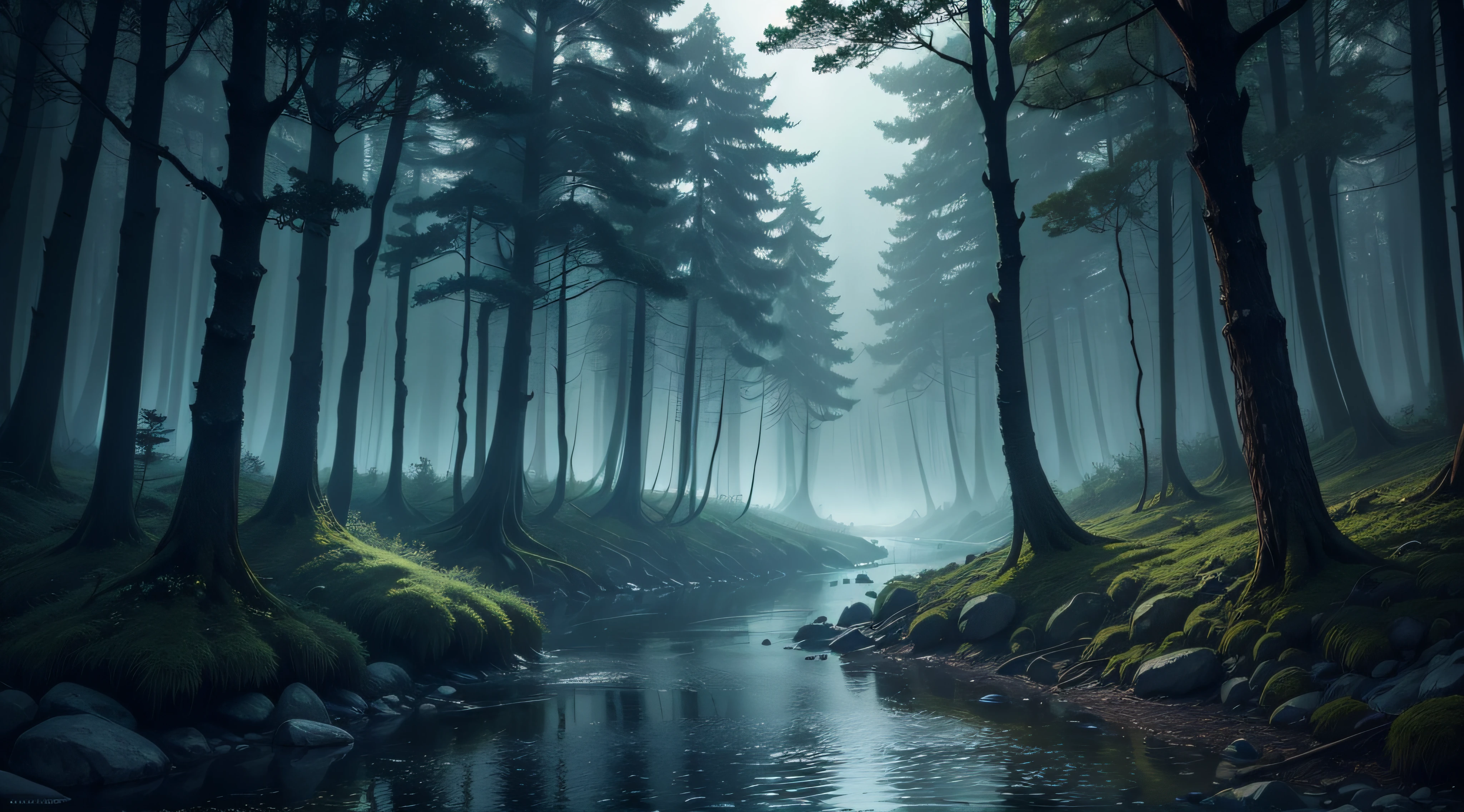 a mystic forest with a river on a dark night