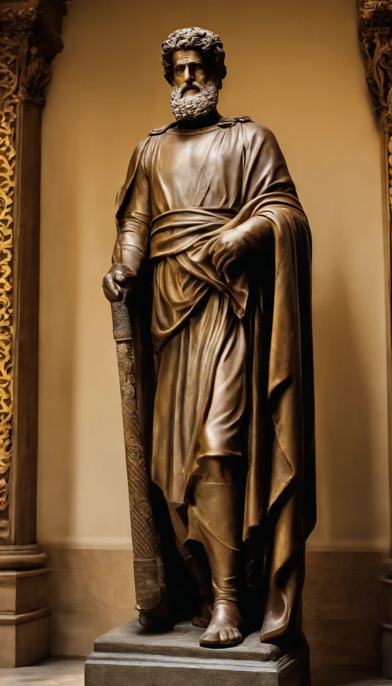 Full body statue of a wise and imposing man, de 40 anos, magro, barbudo e com cabelos grisalhos, with a serious expression and an air of experience. highes definition. Inspiration of the ancient Roman soldier, dentro de uma sala com fundo escuro total.