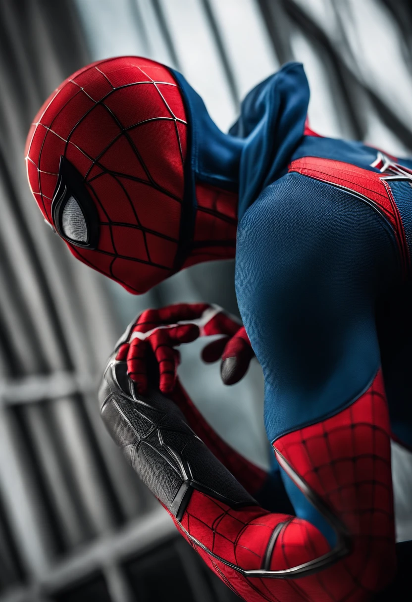 spiderman MCU advanced red and blue suit with white long spider symbol with mcu black and white small movable eyelences