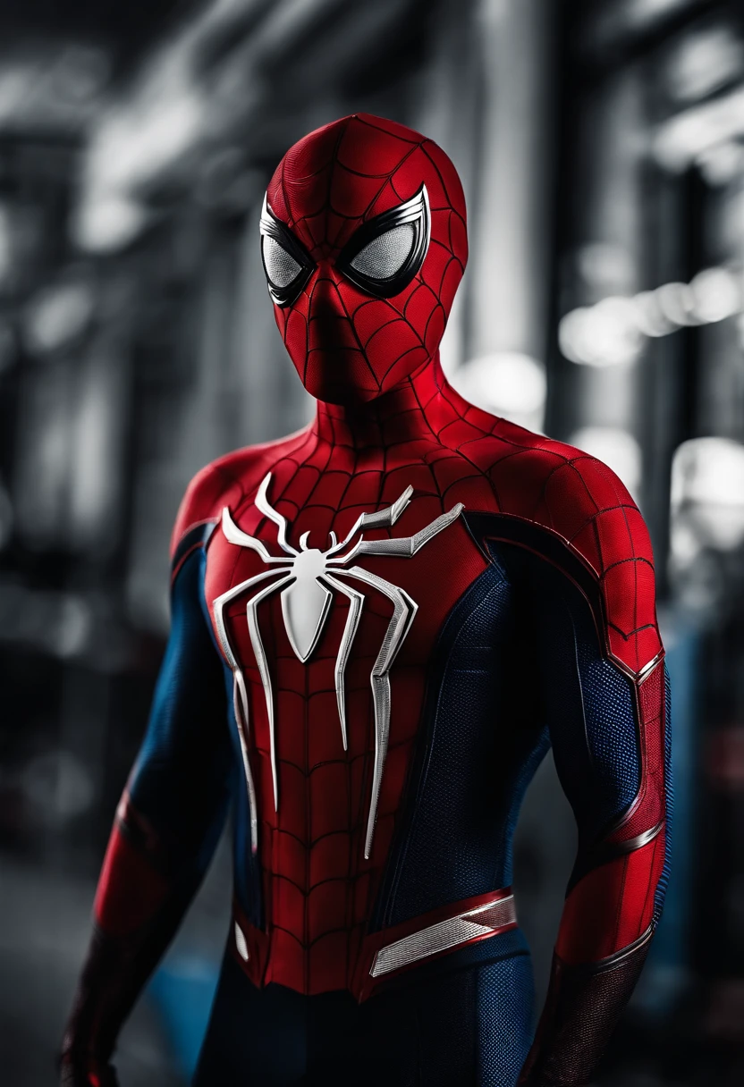 spiderman MCU advanced red and blue suit with white long spider symbol with mcu black and white small movable eyelences
