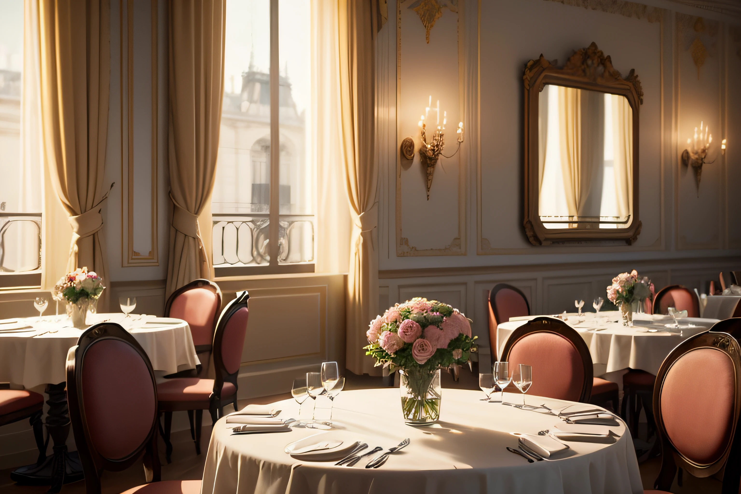 Interior space of a romantic and classic Parisian dining room decorated with colorful flowers, with several classic tables and chairs, Manteles elegantes con arreglos florales de varios colores en las mesas, Art Deco atmosphere with a large window through which you can see a tree and the Eiffel Tower, Elegant atmosphere, Muchos detalles, Render Lumion 8K, Renderizar la arquitectura del motor irreal, Muchos detalles, Romantic cinematic lighting in warm tones, Image in the style of an impressionist oil painting, Mucho, Manet Cézanne,