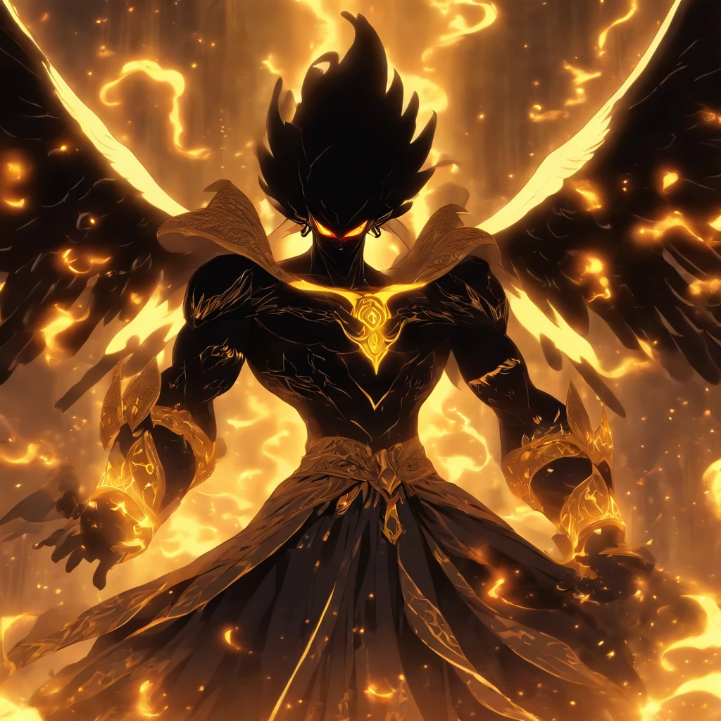 Djinn, ebony black with glowing-white markings, razor sharp black wings overlaid with gold wings, masterpiece, best quality