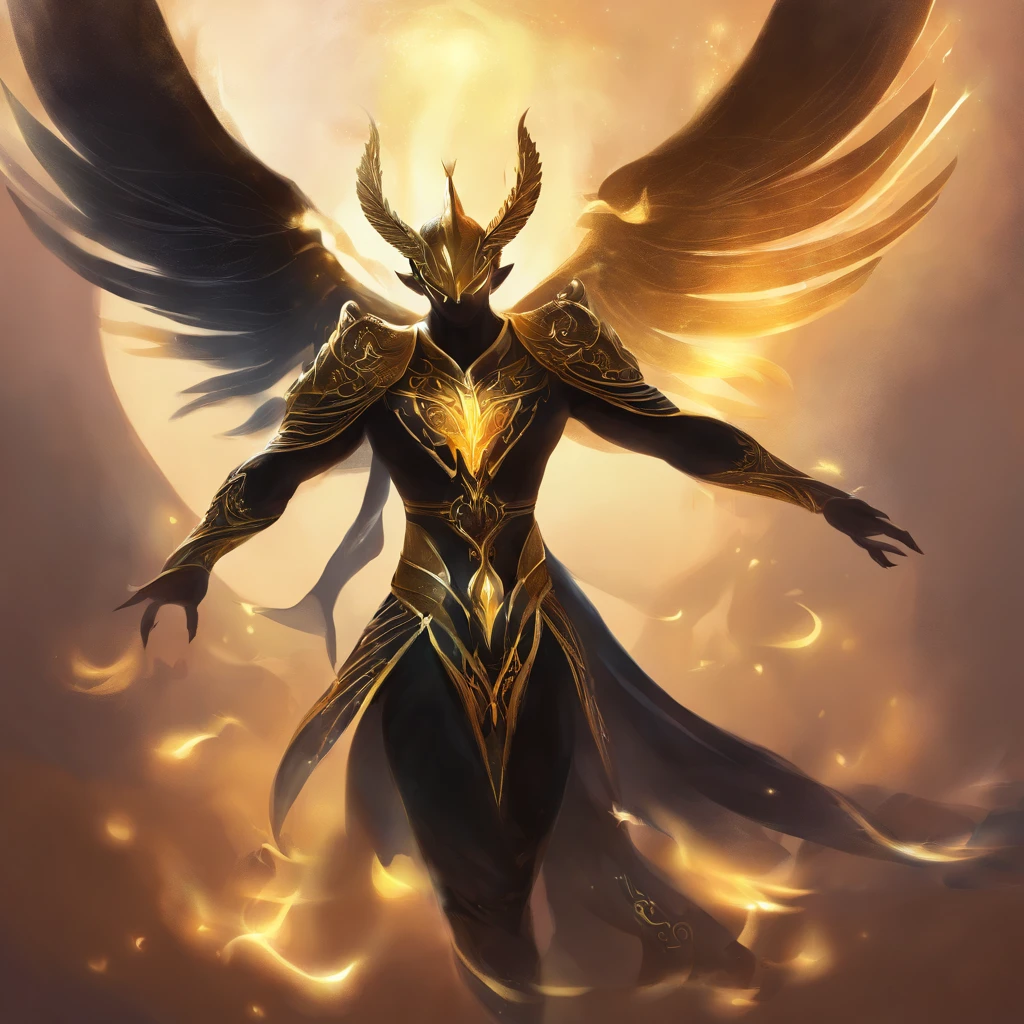Djinn, ebony black with glowing-white markings, razor sharp black wings overlaid with gold wings, masterpiece, best quality