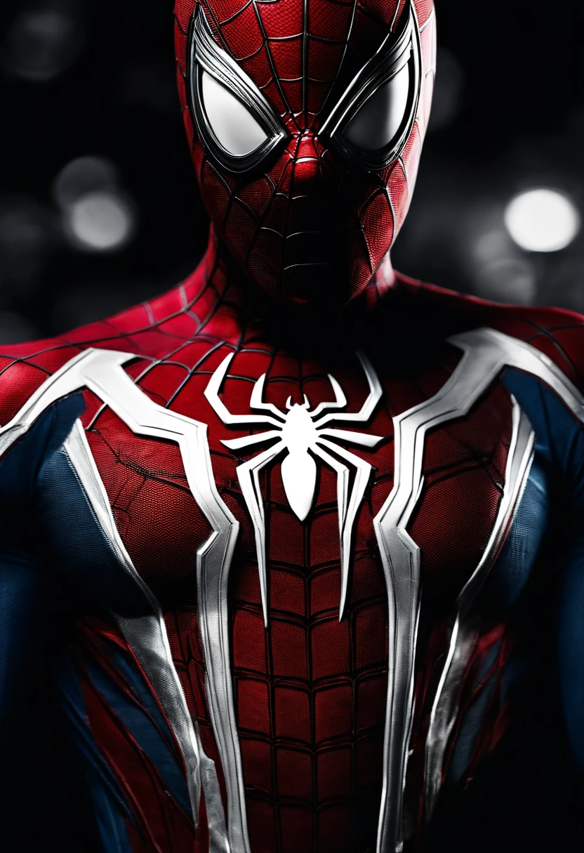 spiderman MCU advanced red and blue suit with white long spider symbol with mcu black and white small movable eyelences