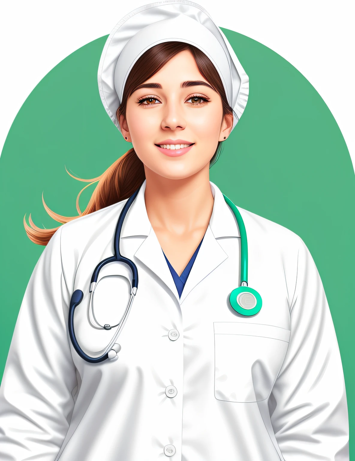 arafed woman in a white lab coat with a stethoscope, medic, medic, menina enfermeira, with a stethoscope, vestindo jaleco, vestindo jaleco e blusa, realistic digital illustration, (medic), stethoscope!, Enfermeira, vestindo um jaleco branco, digital illustation, Avental branco, color digital illustration, Healthcare professional with green background