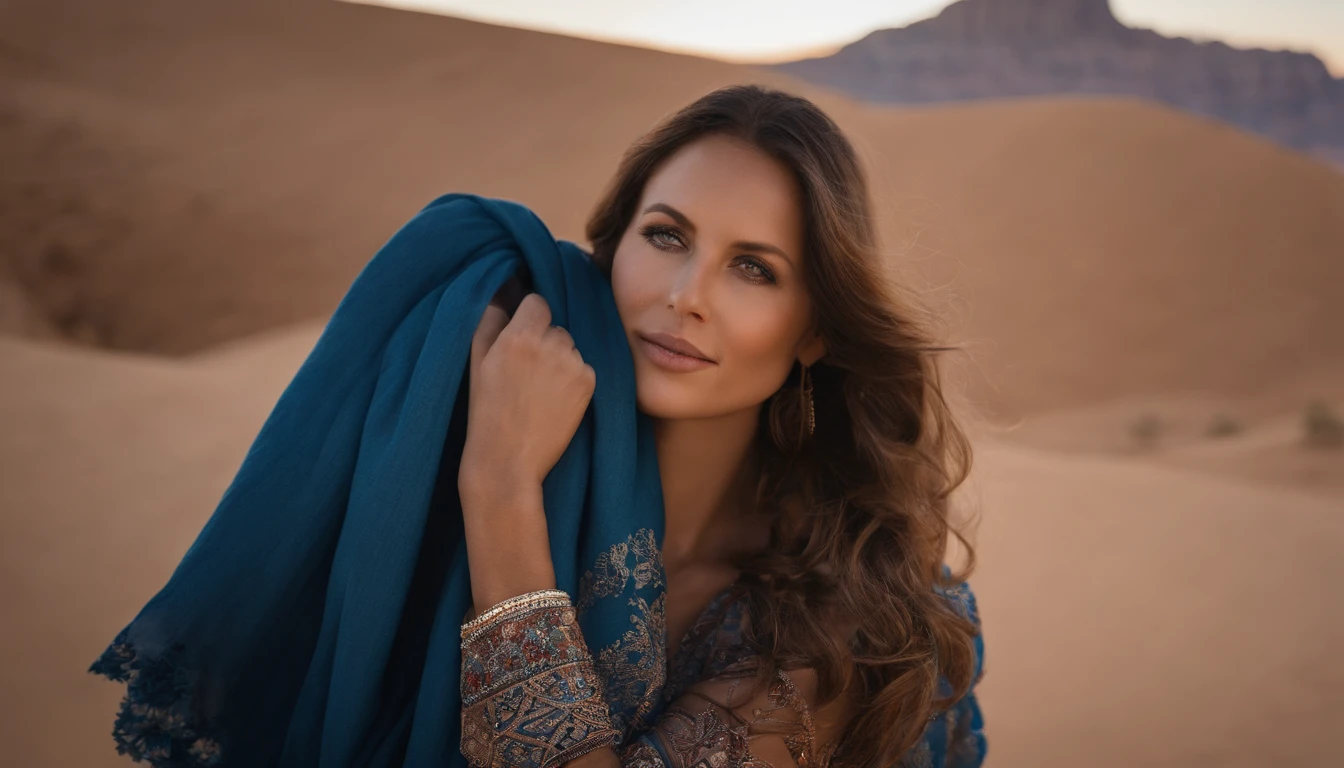 A Scandinavian woman is wearing a blue scarf in the desert, detailed facial features, Firminbaes, fotografia de guerra, olhar intenso,fotografia de retrato, desfoque de fundo,capturado por Sony Alpha a7 Illcamera com Sony FE 24-105mm f/Lente OSS 4G*