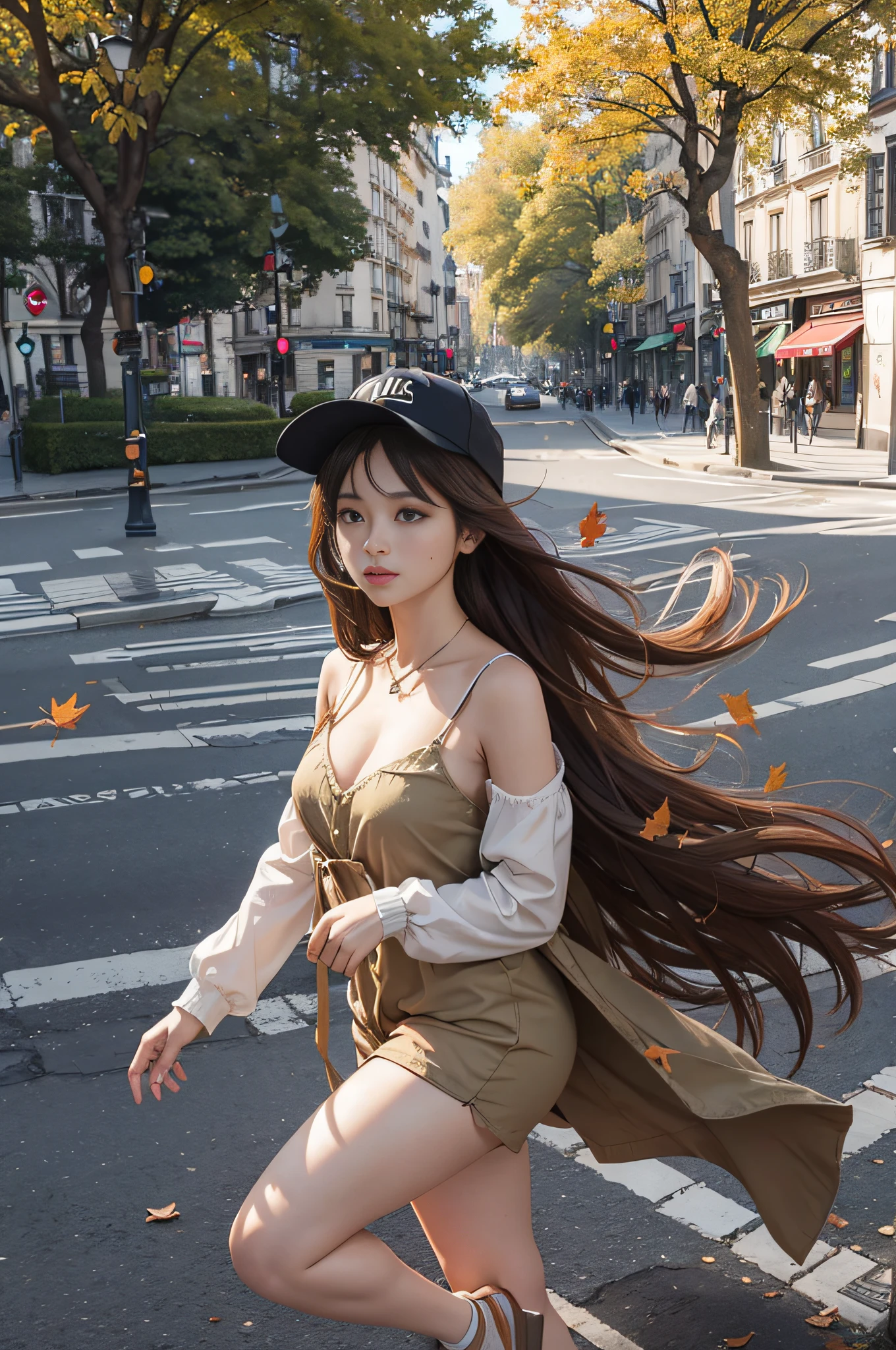 fotografia , master part ,Ultra realista, Hiper realista, hiper detalhe, 8k, Nas ruas movimentadas de Paris, 1 mulher cativante com olhos radiantes e luz dourada , His eyes glow like city lights reflecting a blanket of fallen leaves from trees, Its light hazelnut hue captures the essence of the autumn day. Envolto em roupas de outono, exudes a sense of resilience and determination, their presence illuminating the urban landscape decorated by these trees with their yellowish foliage.