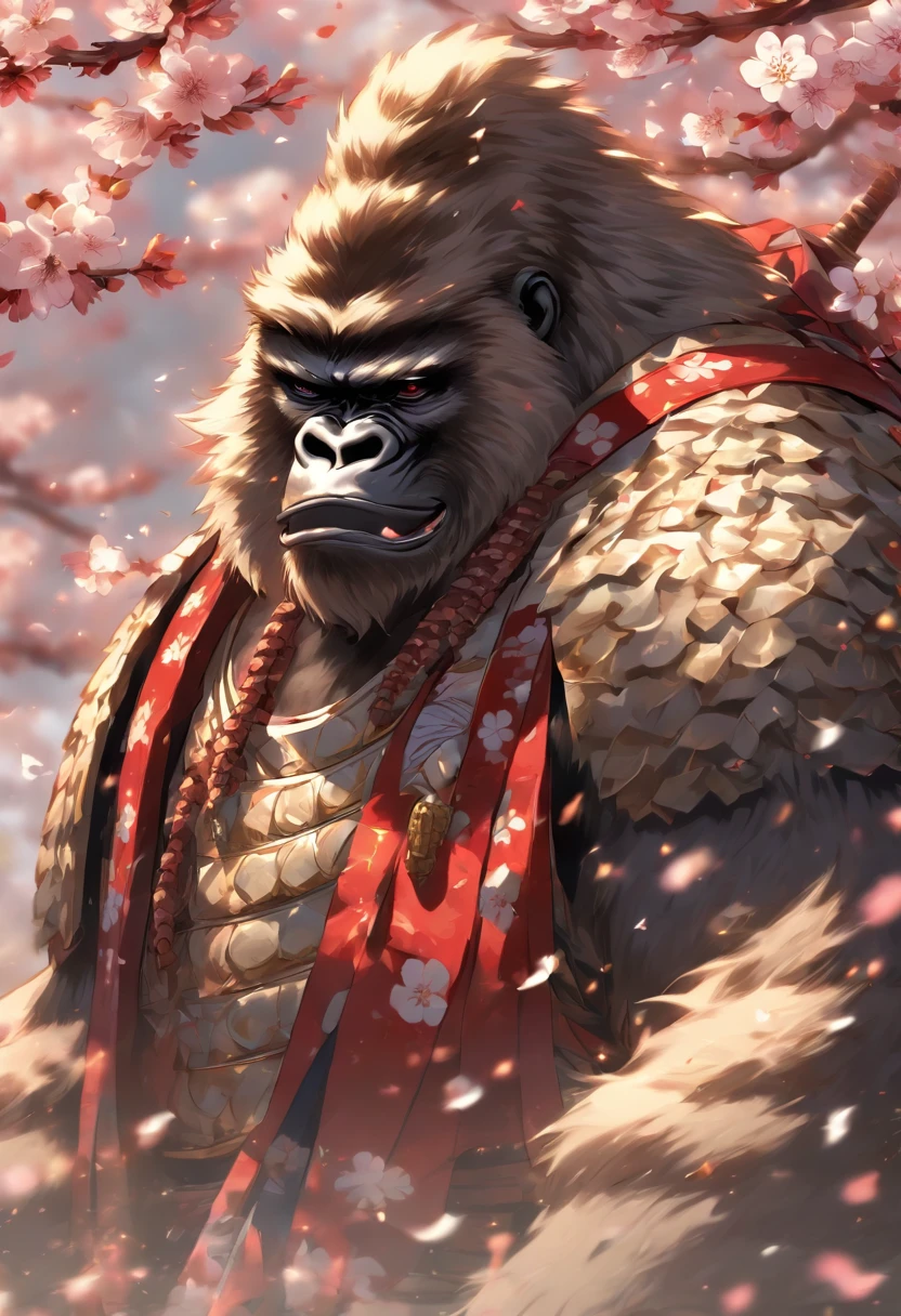 An award winning image of a brave and noble gorilla samurai warrior, wearing highly detailed white samurai armor, wearing a sashimono war flag on his back, sengoku period, highly detailed background, cherry blossoms blowing in the wind, perfect masterpiece, high quality, high resolution