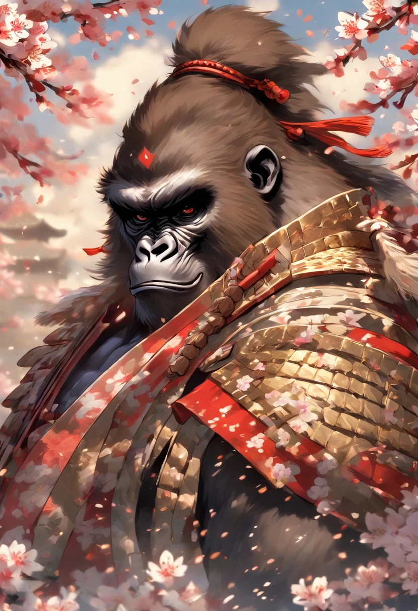 An award winning image of a brave and noble gorilla samurai warrior, wearing highly detailed white samurai armor, wearing a sashimono war flag on his back, sengoku period, highly detailed background, cherry blossoms blowing in the wind, perfect masterpiece, high quality, high resolution