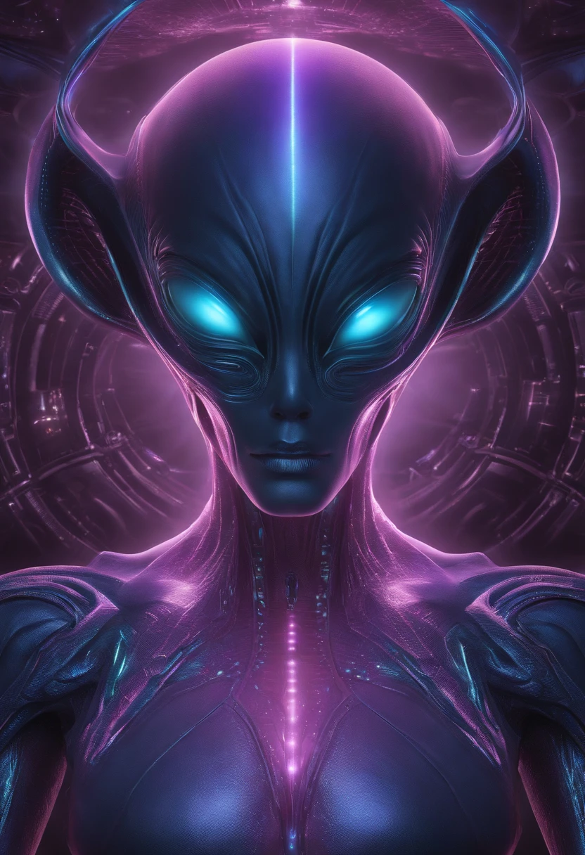 alienzkin, alien, hyperrealistic cg render, volumetric lighting, heavy android woman, nanotech, glowing deep multicolor scifi, nanopunk,space opera, alien, cyber-ninja, full body, wearing cosmic dark ultraviolet lingerie<lora:EnvyMechaGirlXL01:1><lora:alienzkin-sdxl:1>