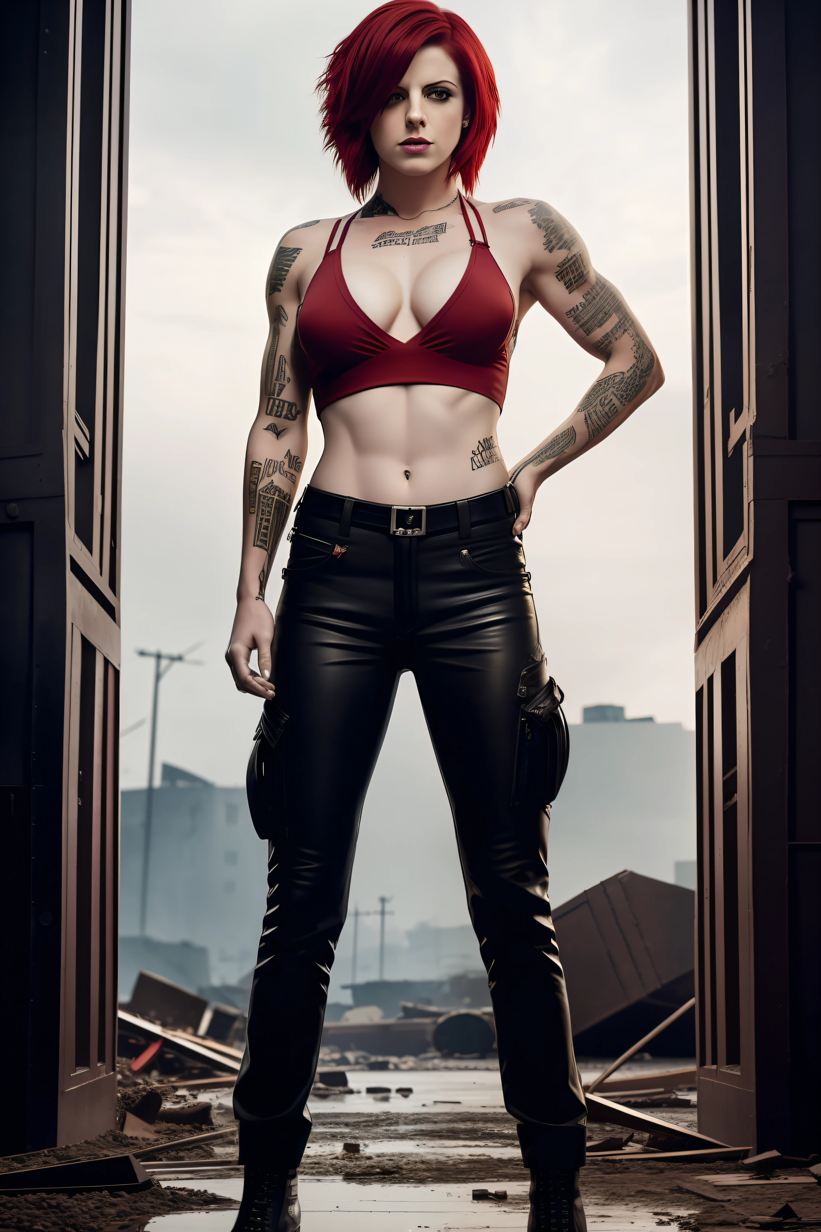 Brody Dalle with red large hair with long haircut with a pointy haircut and a really big muscular body wearing red militar pants and a black top, without tatoos and tiger stripes in her skin and a big nude breast in a destroyed city, cinematic, dramatic lighting, 4K, 8K, HD